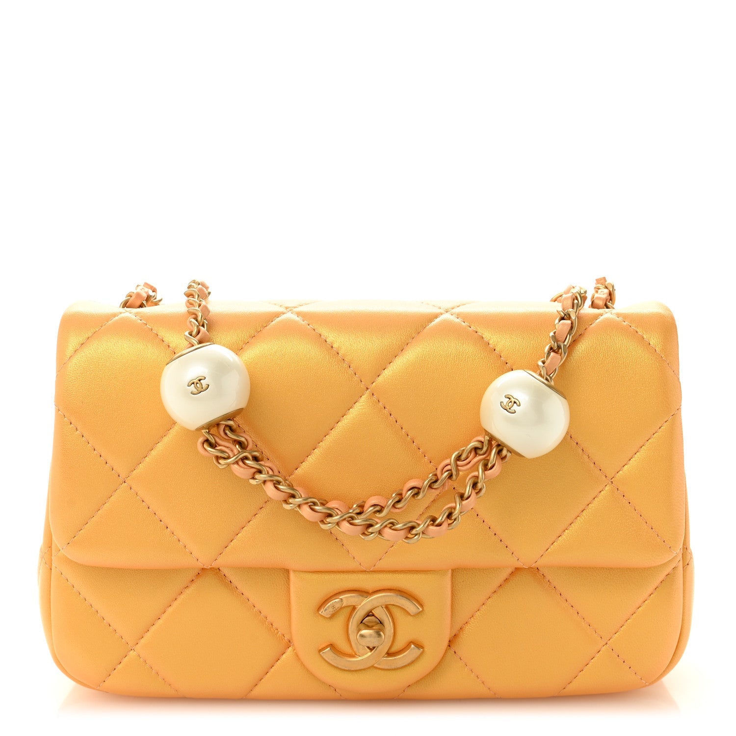 Pearly Lambskin Quilted Pearl Small Flap Orange