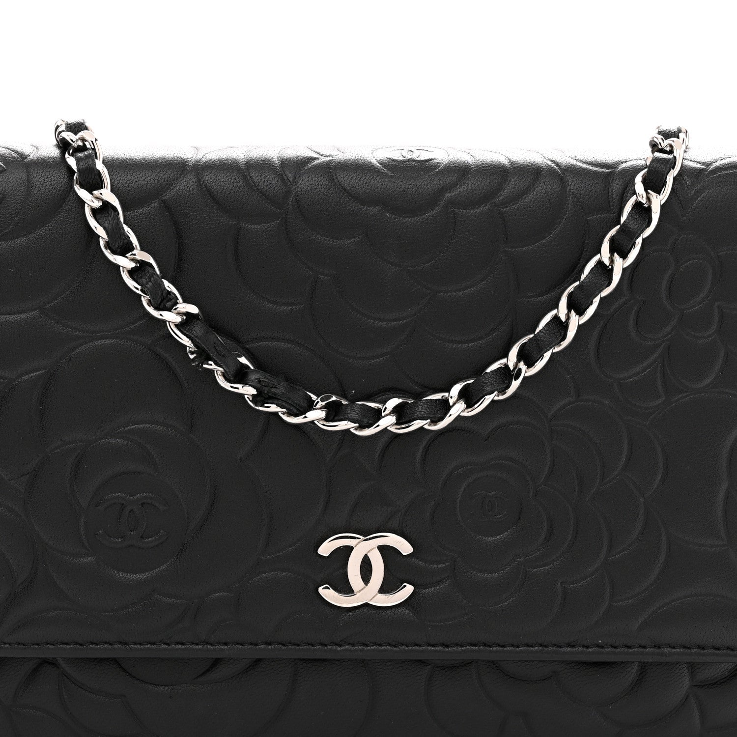 Lambskin Camellia Embossed Wallet On Chain WOC Black