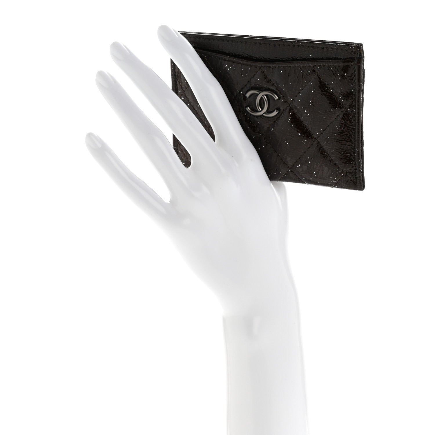 Distressed Patent Quilted Card Holder Dark Brown