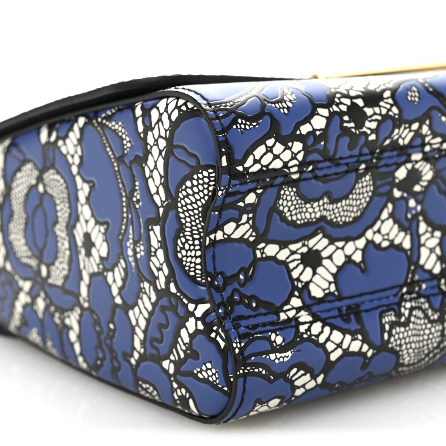 Calfskin Lace Flower Inlay Twist Shoulder Bag MM Navy Black