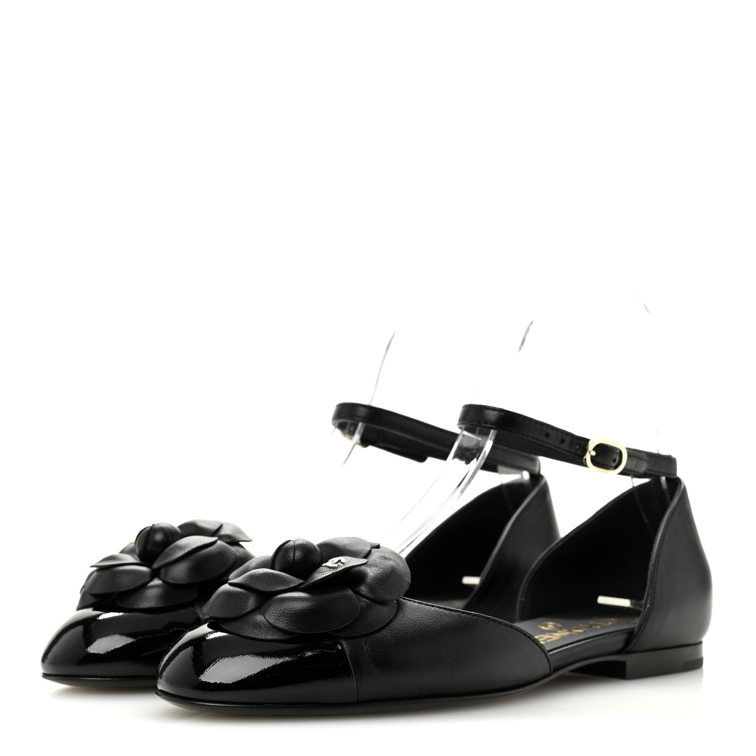 Lambskin Patent Calfskin Cap Toe Camellia Mary Jane Flats 36 Black