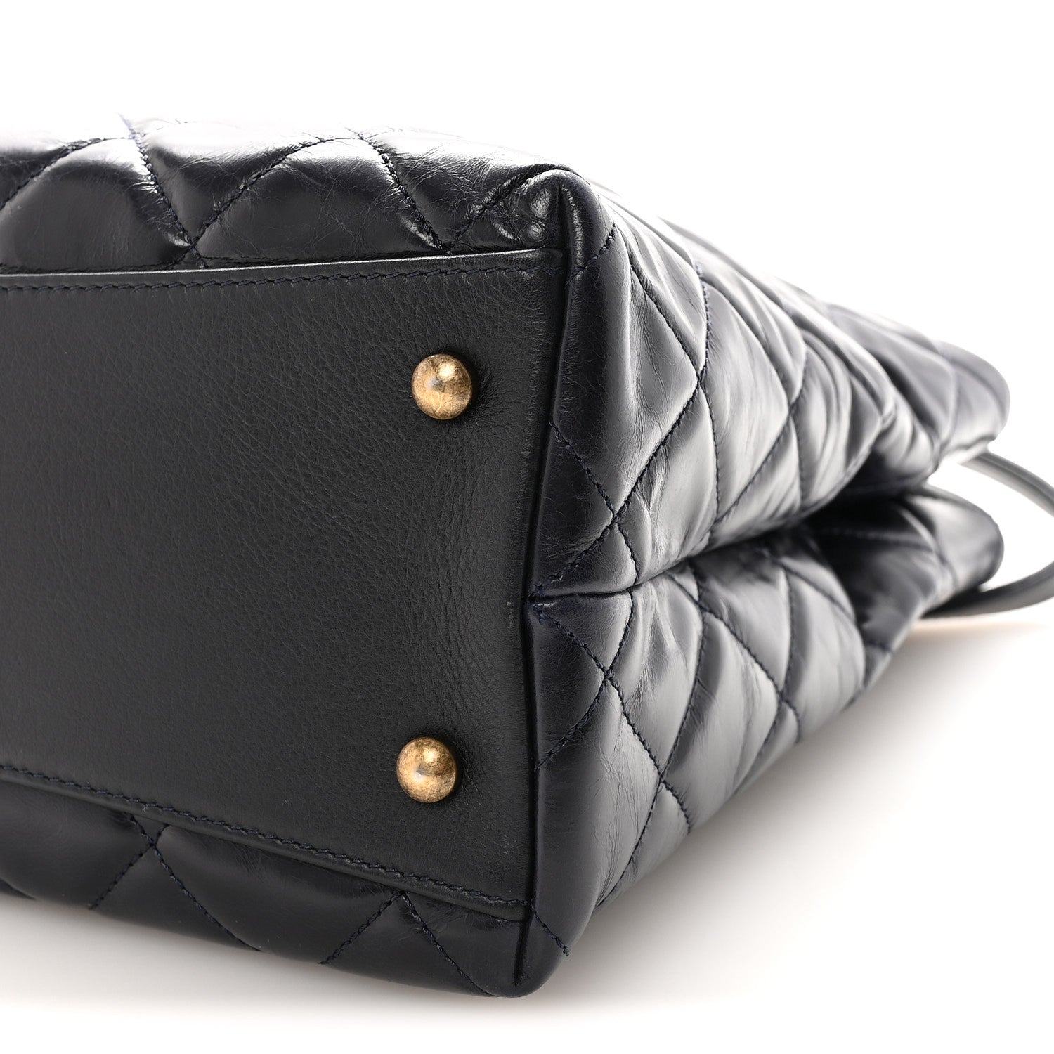 Glazed Calfskin Quilted Gold Bar Tote Dark Navy Blue