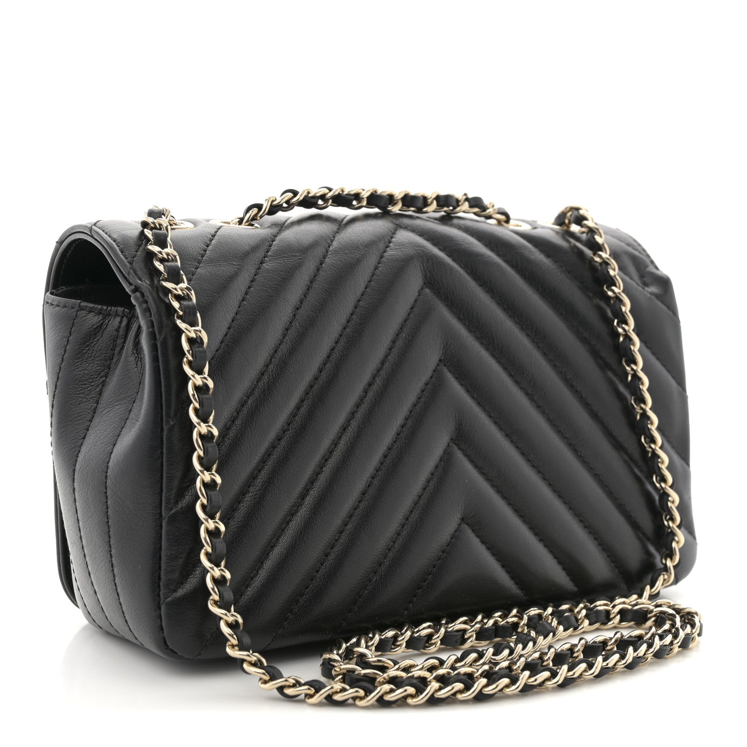 Calfskin Chevron Quilted Mini Statement Flap Black