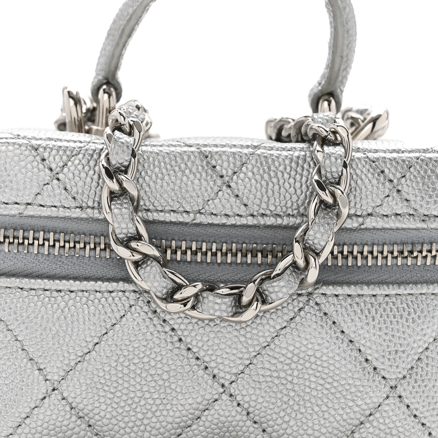 Metallic Caviar Quilted Mini Top Handle Vanity With Chain Silver