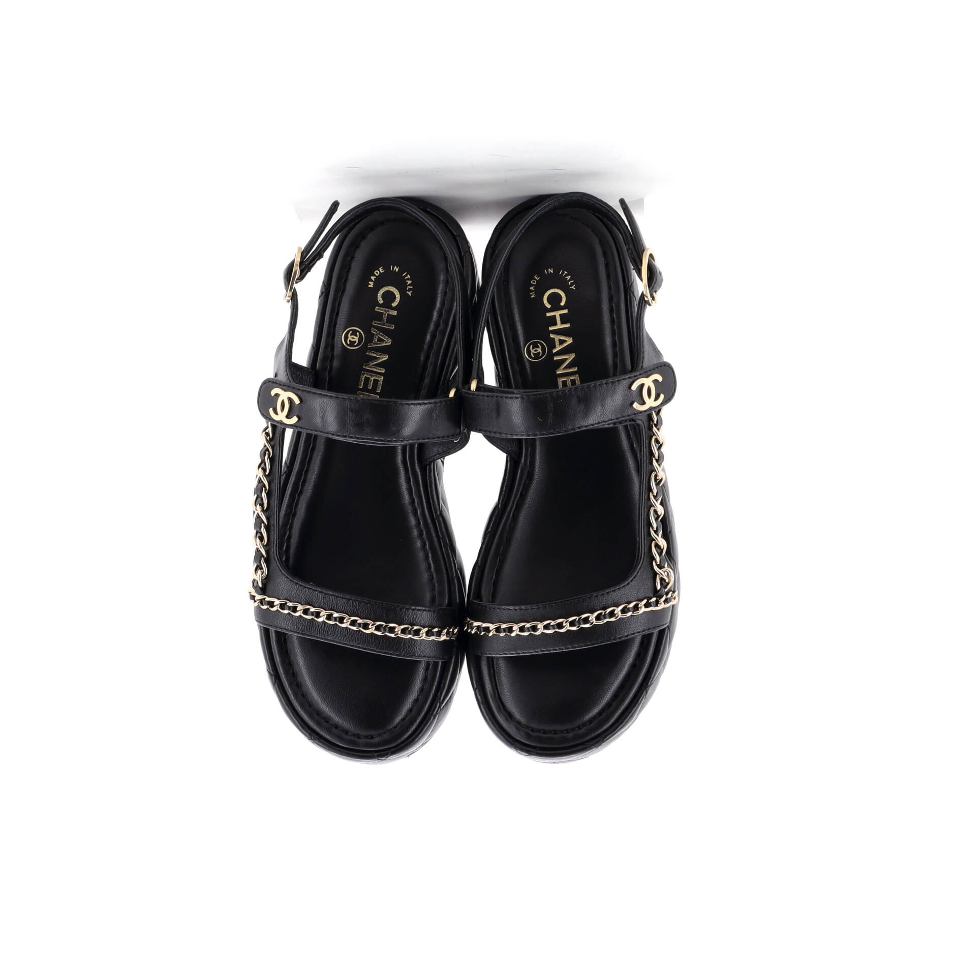 Women's Velcro Platform Sandals Quilted Leather with Chain Detail