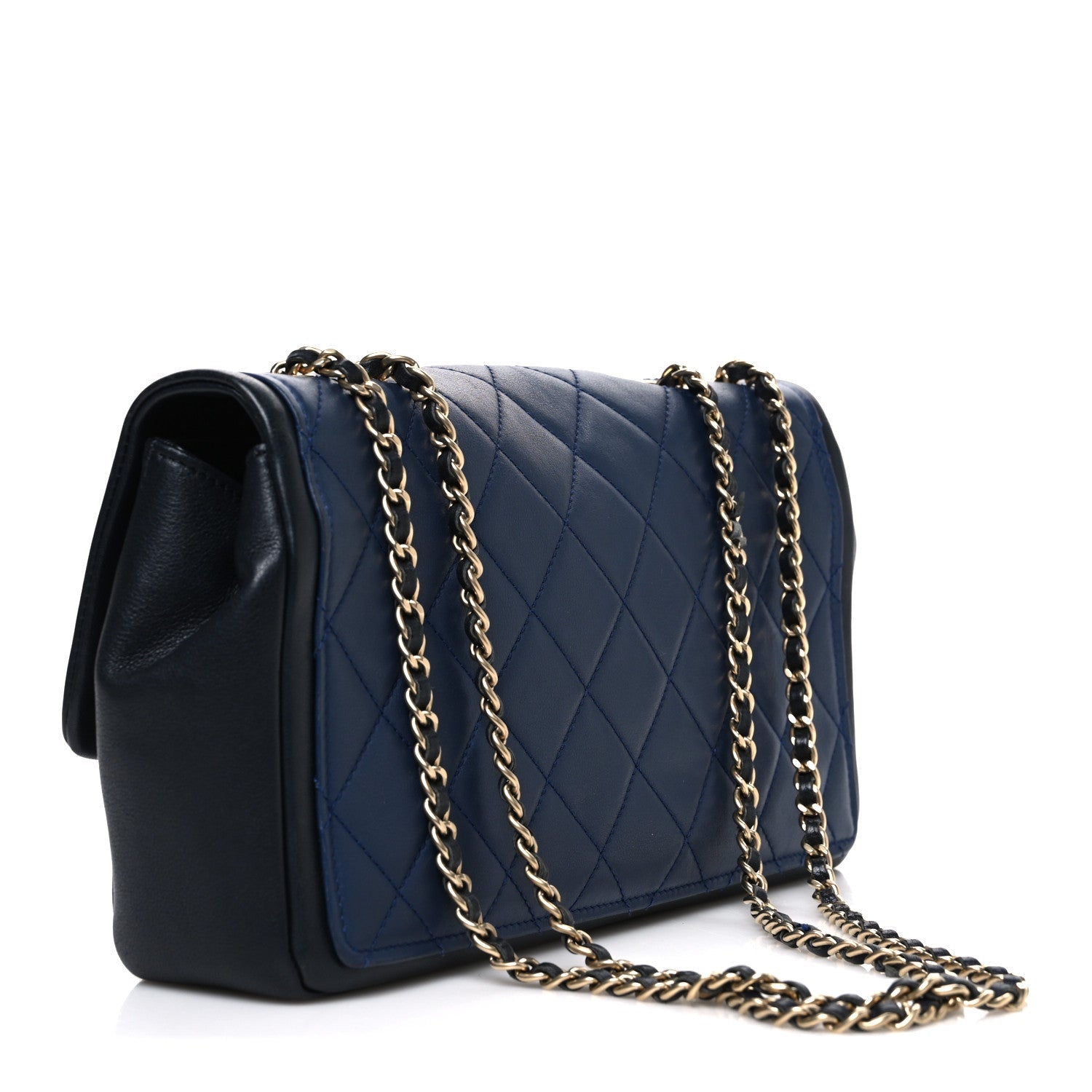 Calfskin Quilted Medium Graphic Flap Blue Black