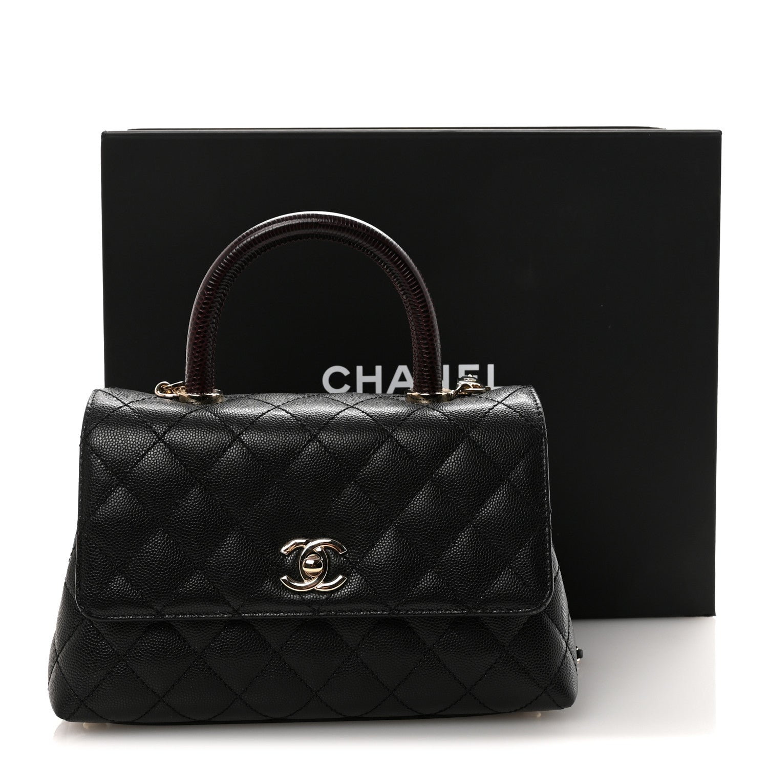 Caviar Lizard Embossed Quilted Mini Coco Handle Flap Black