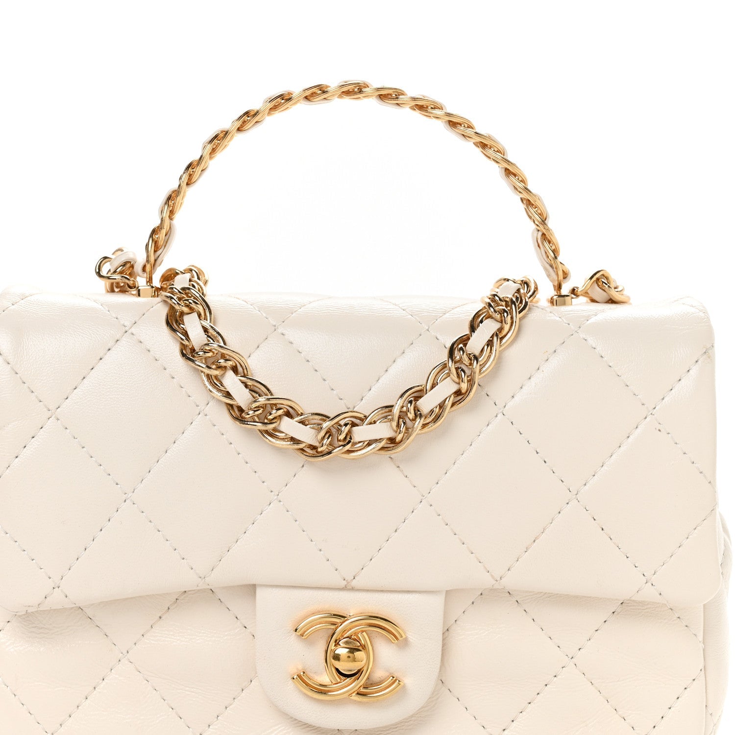 Shiny Lambskin Quilted Golden Links Top Handle Flap White
