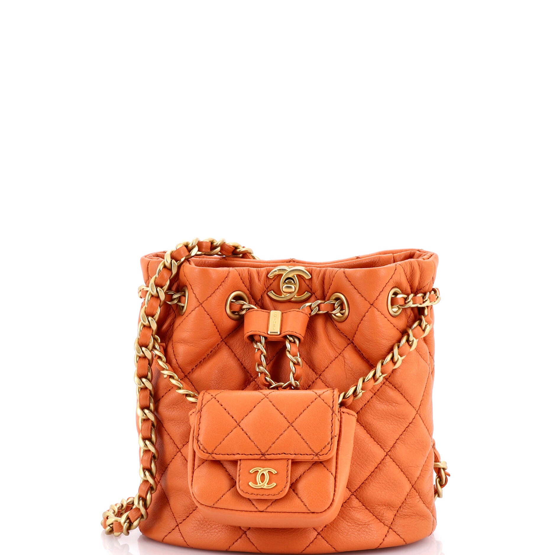 CC Pocket Chain Bucket Backpack Quilted Lambskin Small