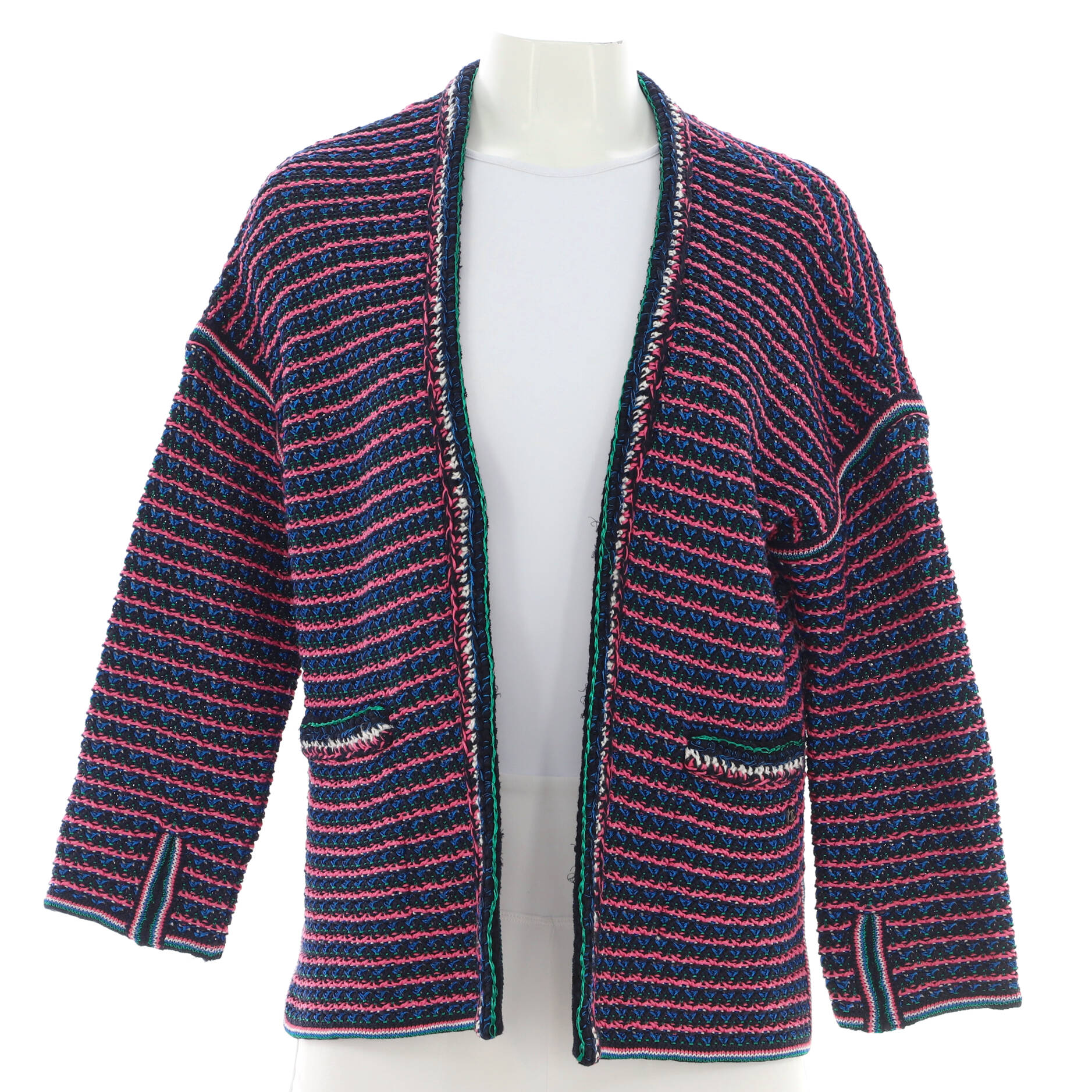 Women's Knitted Striped Metallic Open V-Neck Cardigan Cotton and Viscose Blend