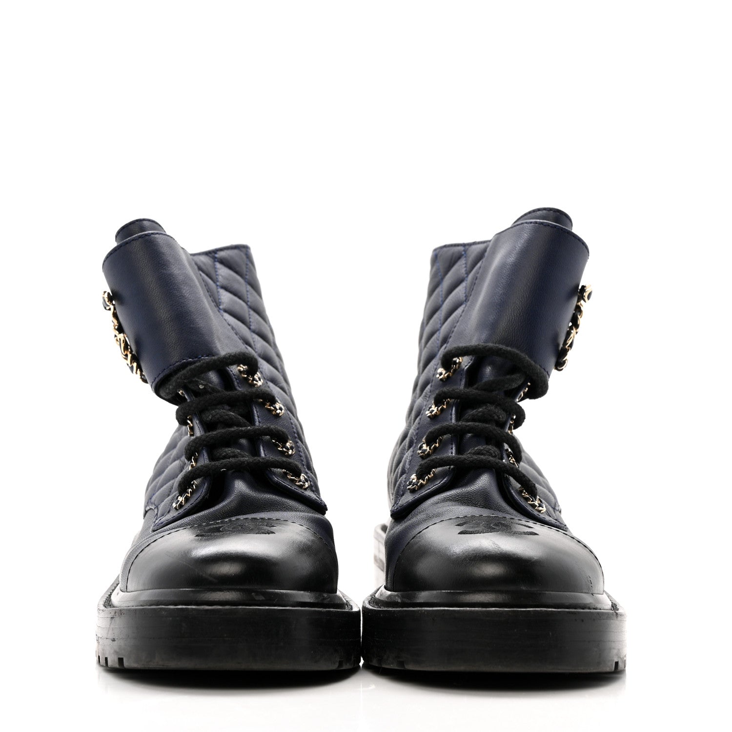 Shiny Lambskin Quilted Lace Up Combat Boots 36.5 Navy Black