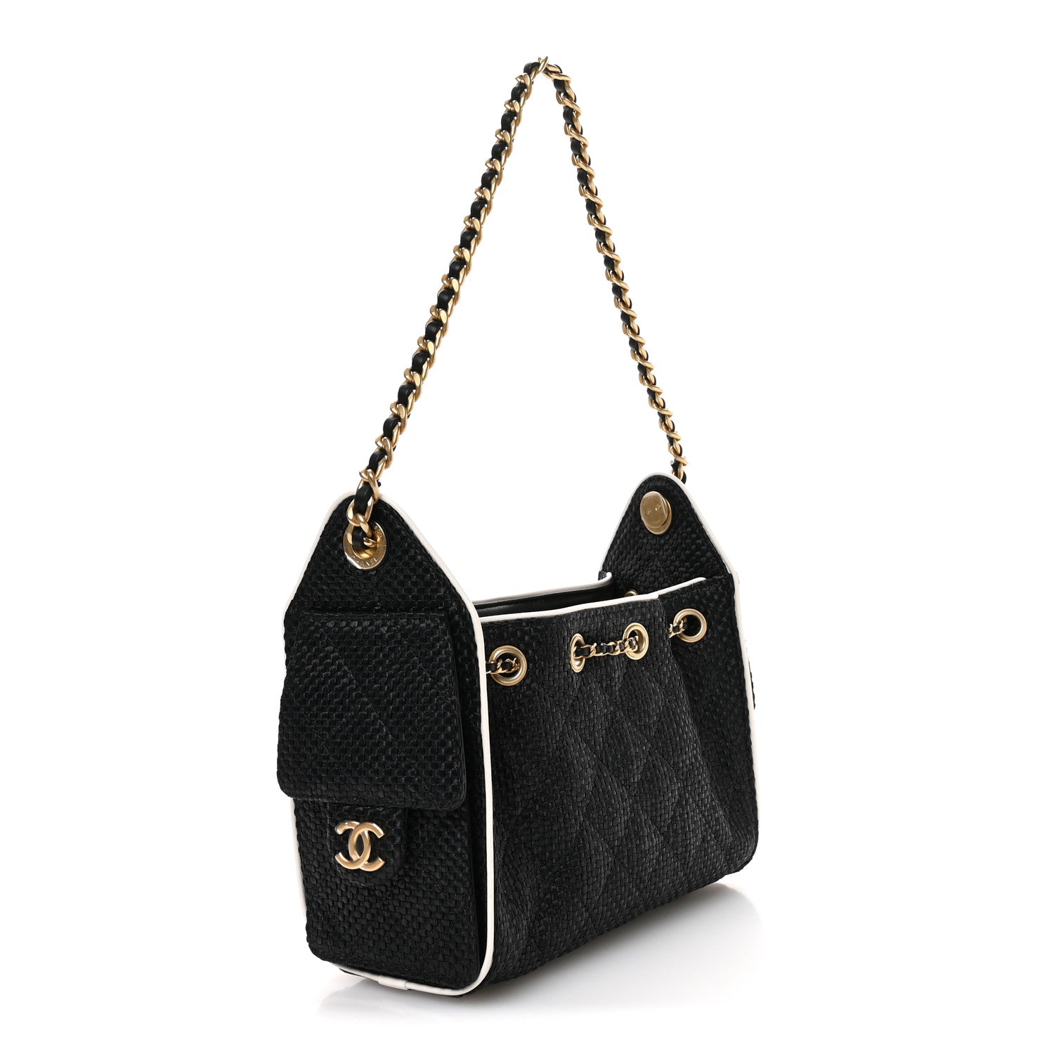 Braided Raffia Calfskin Mini Chanel 25 Handbag Black White