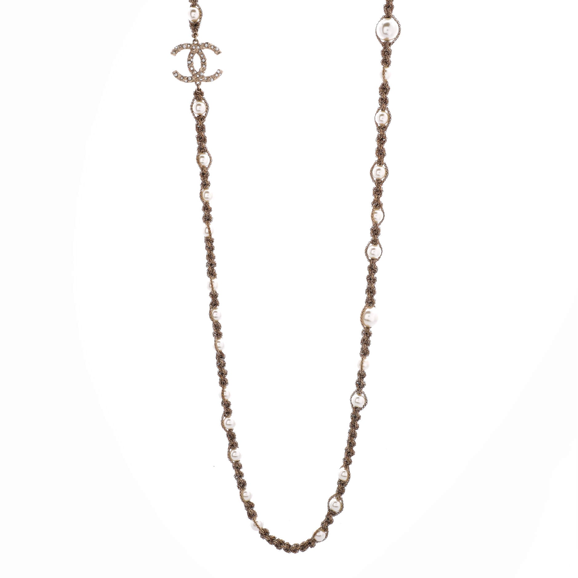 CC Station Long Necklace Metal with Faux Pearls and Crystals