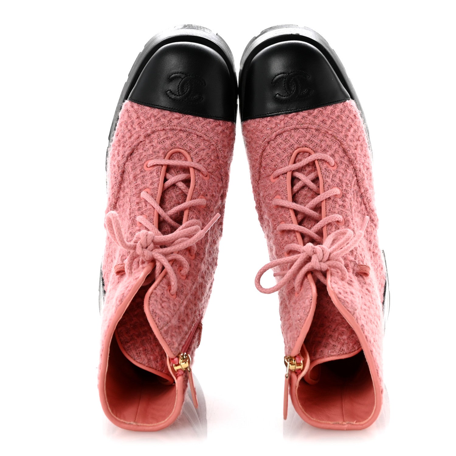 Wool Tweed Calfskin Chain Lace Up Combat Boots 38.5 Pink Black