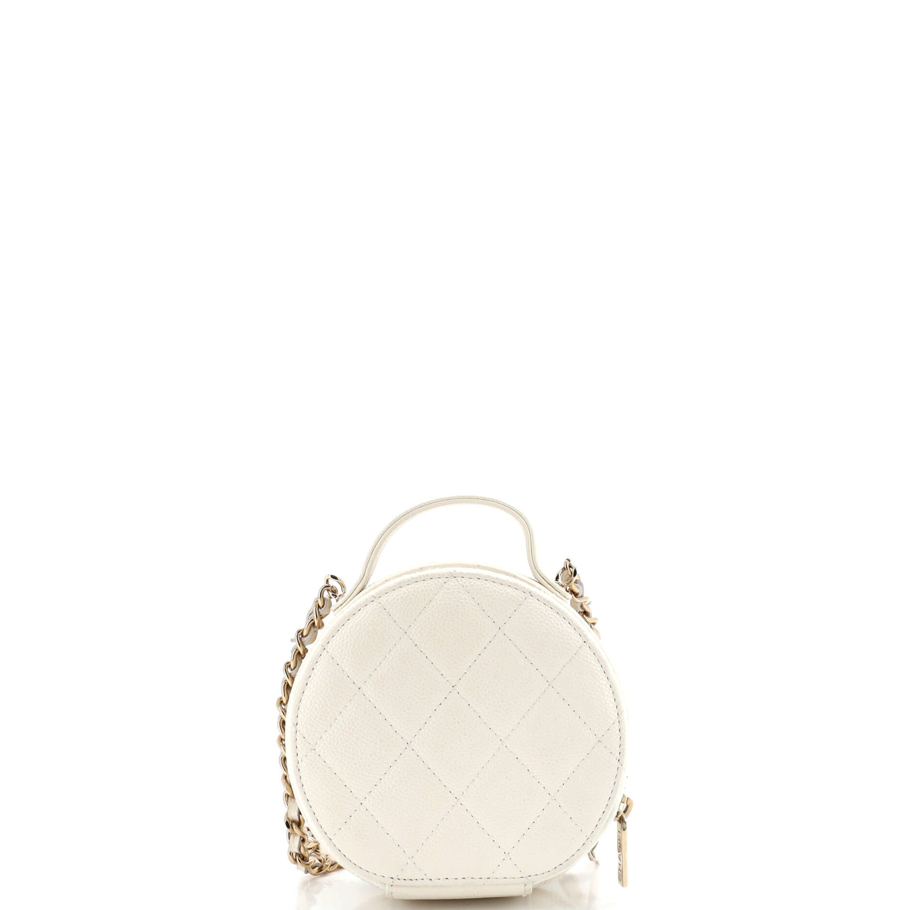 Handle with Care Round Vanity Case with Chain Quilted Caviar Small