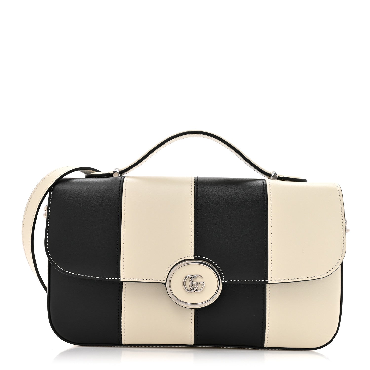 Senna Calfskin Lines Petite GG Top Handle Shoulder Bag Black Mystic White