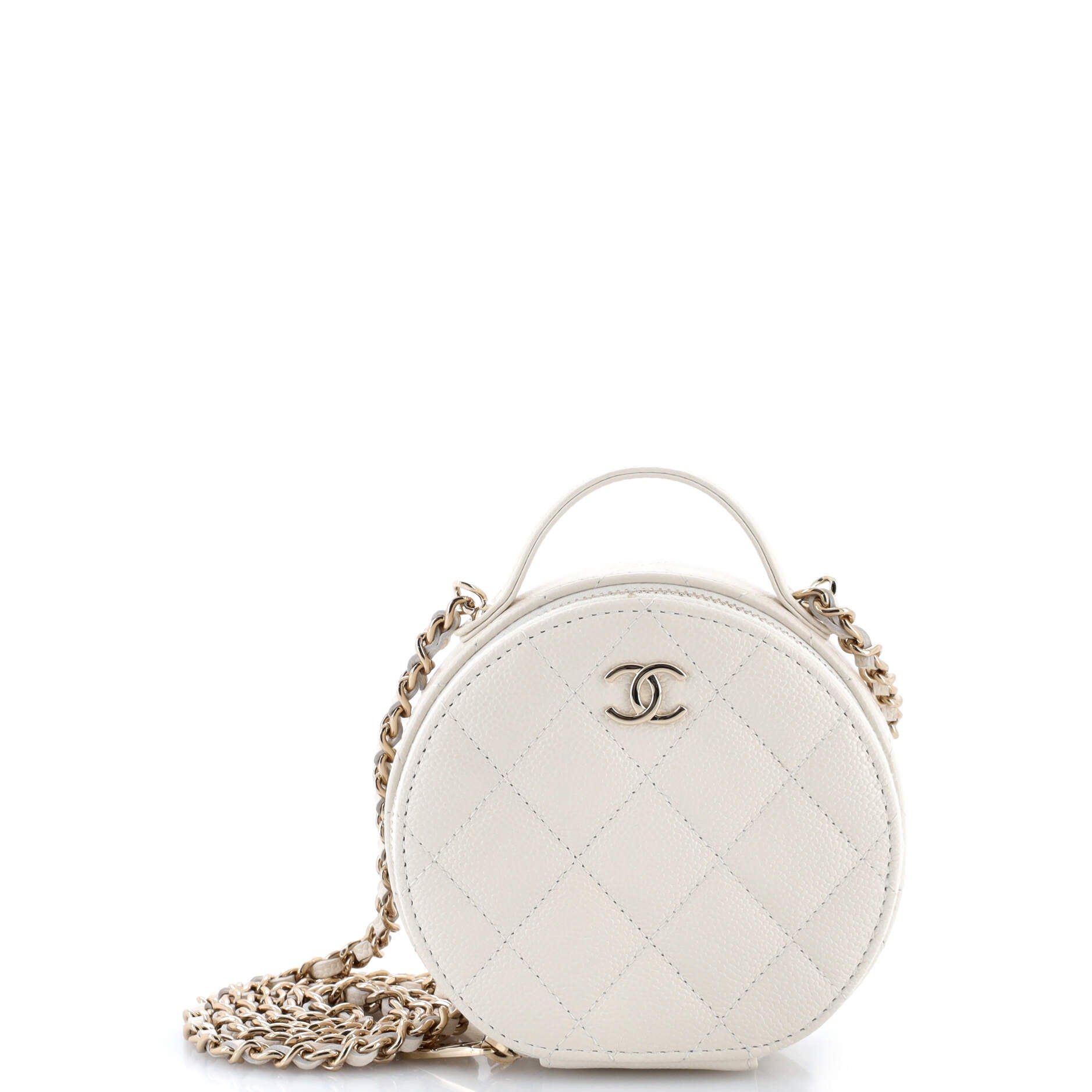 Handle with Care Round Vanity Case with Chain Quilted Caviar Small