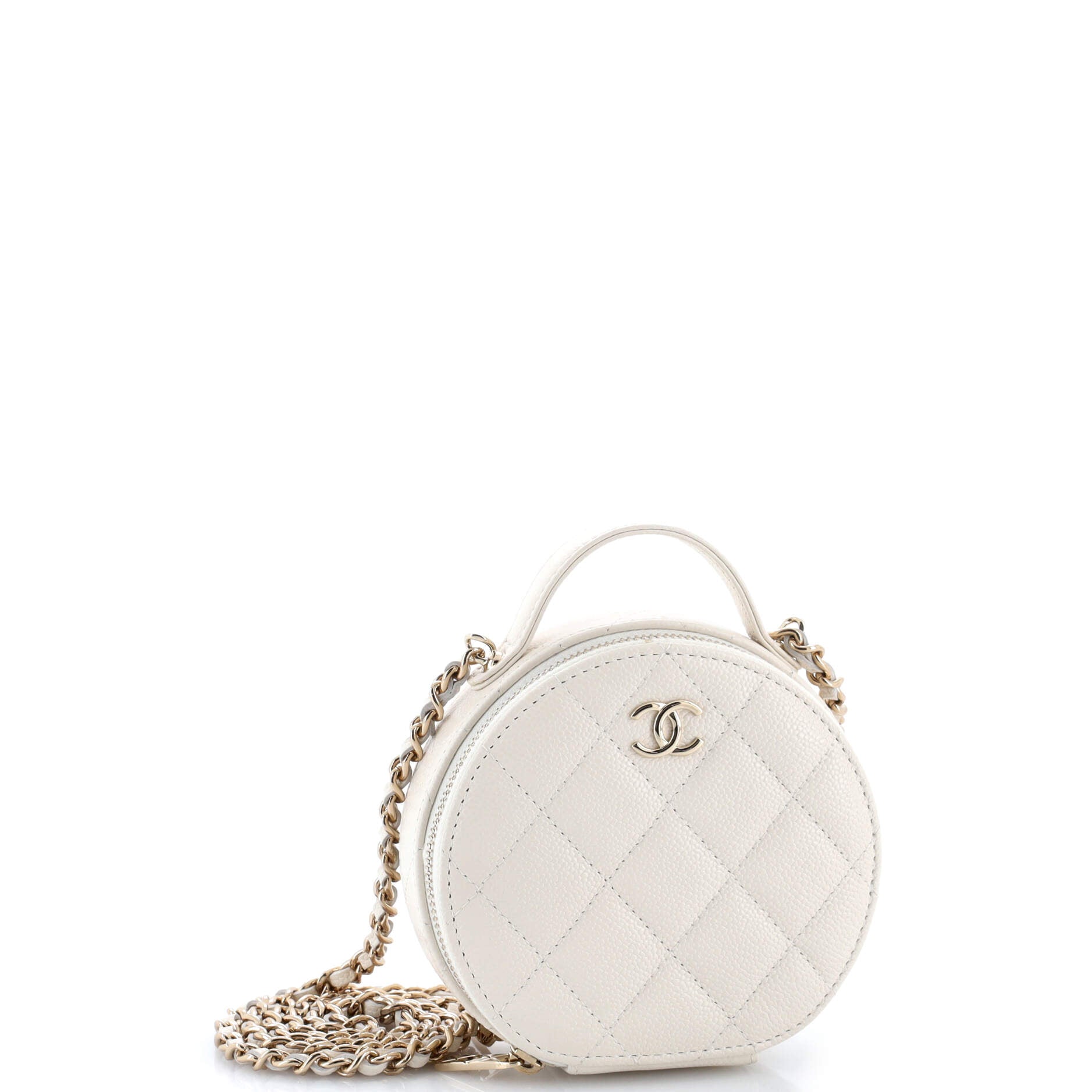 Handle with Care Round Vanity Case with Chain Quilted Caviar Small