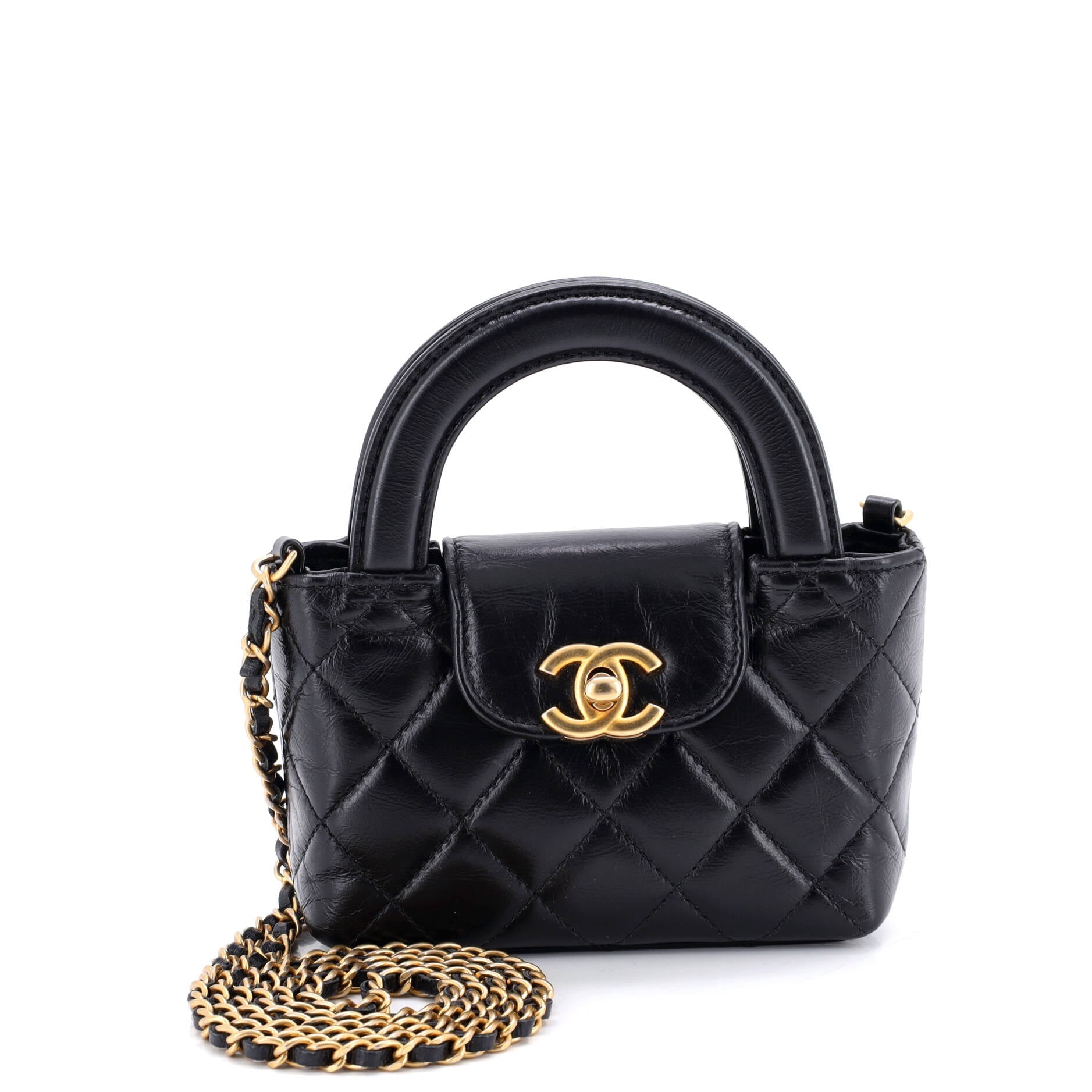 Kelly Top Handle Shopping Bag Quilted Shiny Aged Calfskin Nano