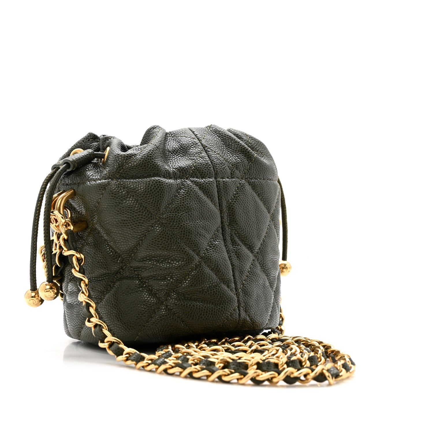 Caviar Quilted Coco First Bucket Clutch With Chain Khaki