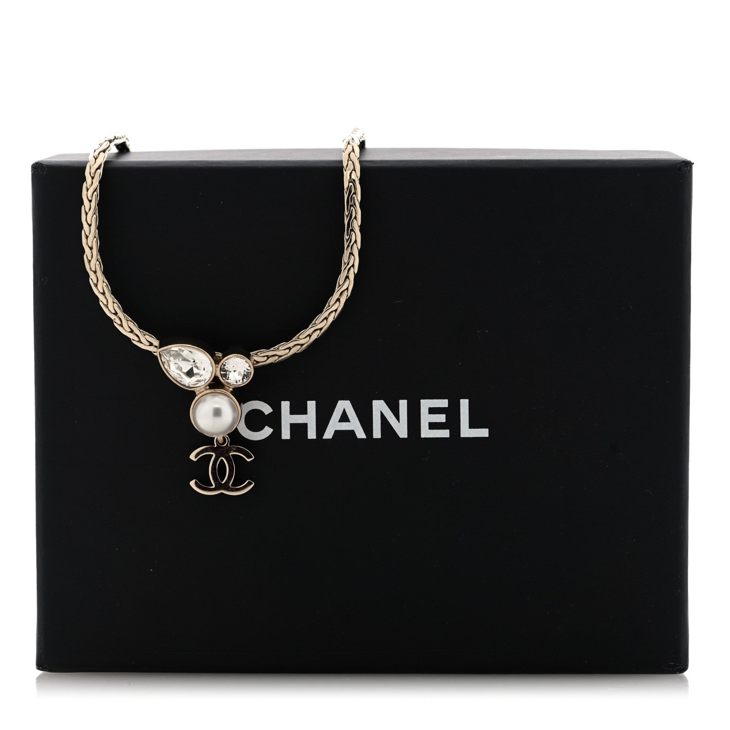 Pearl Crystal CC Teardrop Braided Necklace Gold