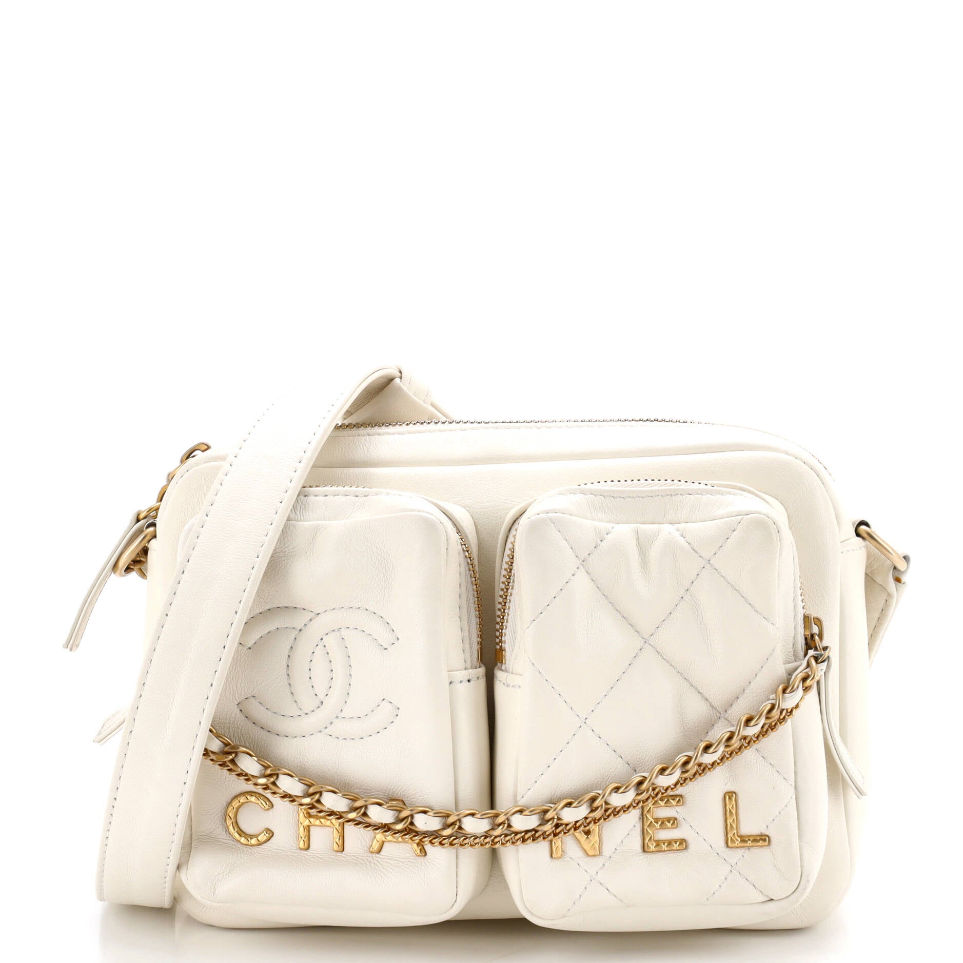 Logo Twin Pockets Chain Camera Case Quilted Calfskin Small