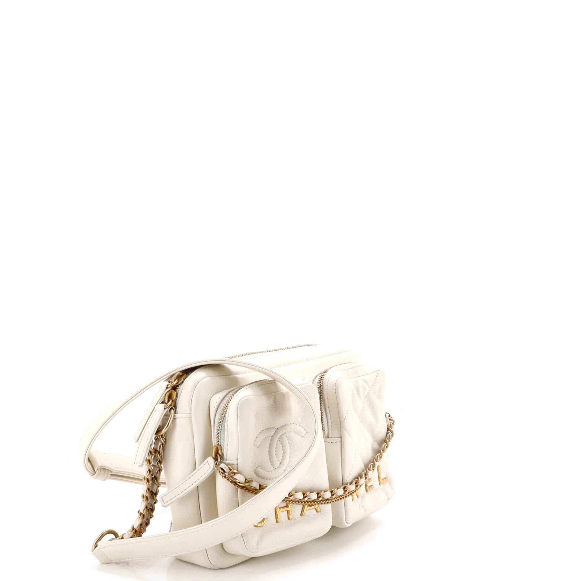 Logo Twin Pockets Chain Camera Case Quilted Calfskin Small