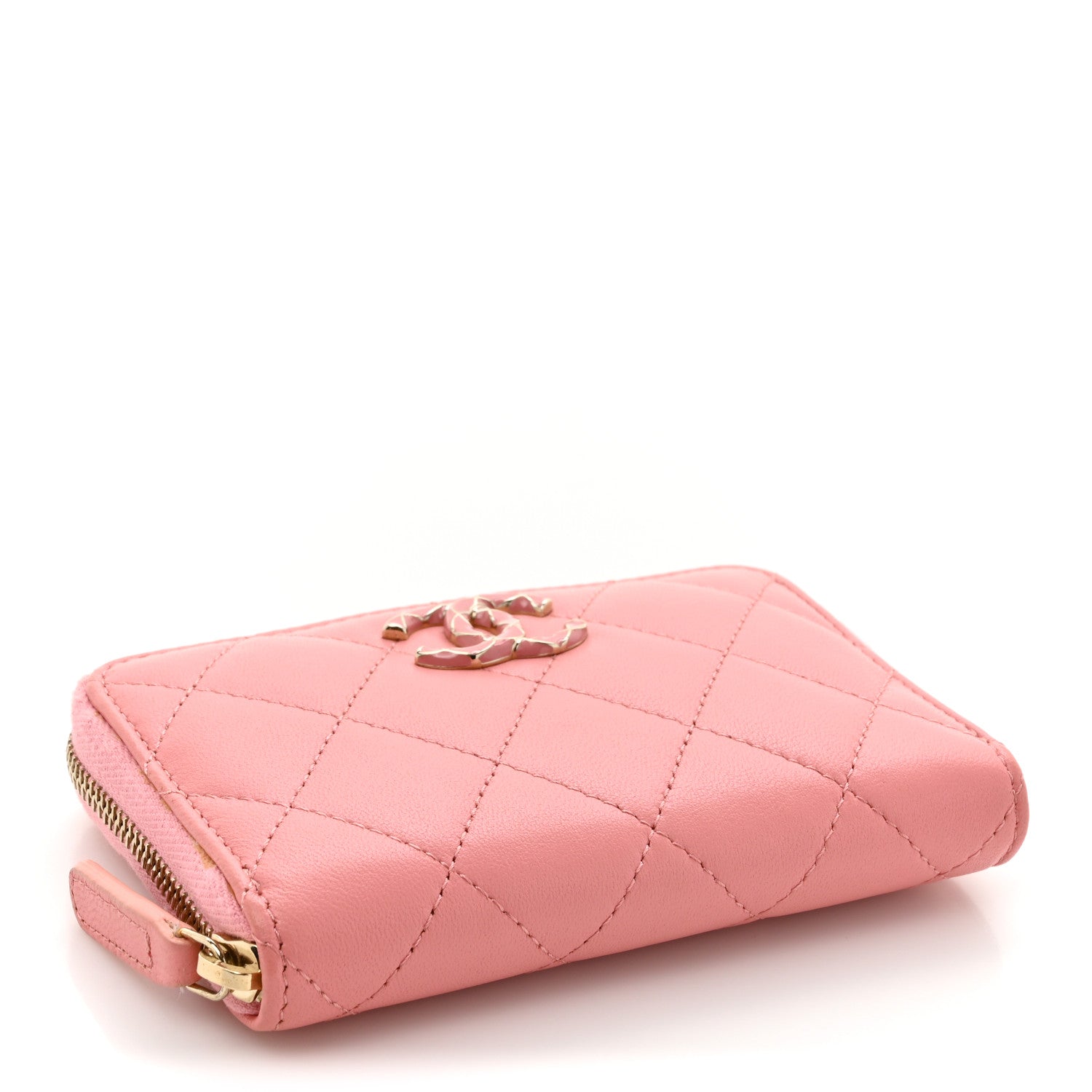 Lambskin Enamel Quilted Zip Around Coin Purse Wallet Pink