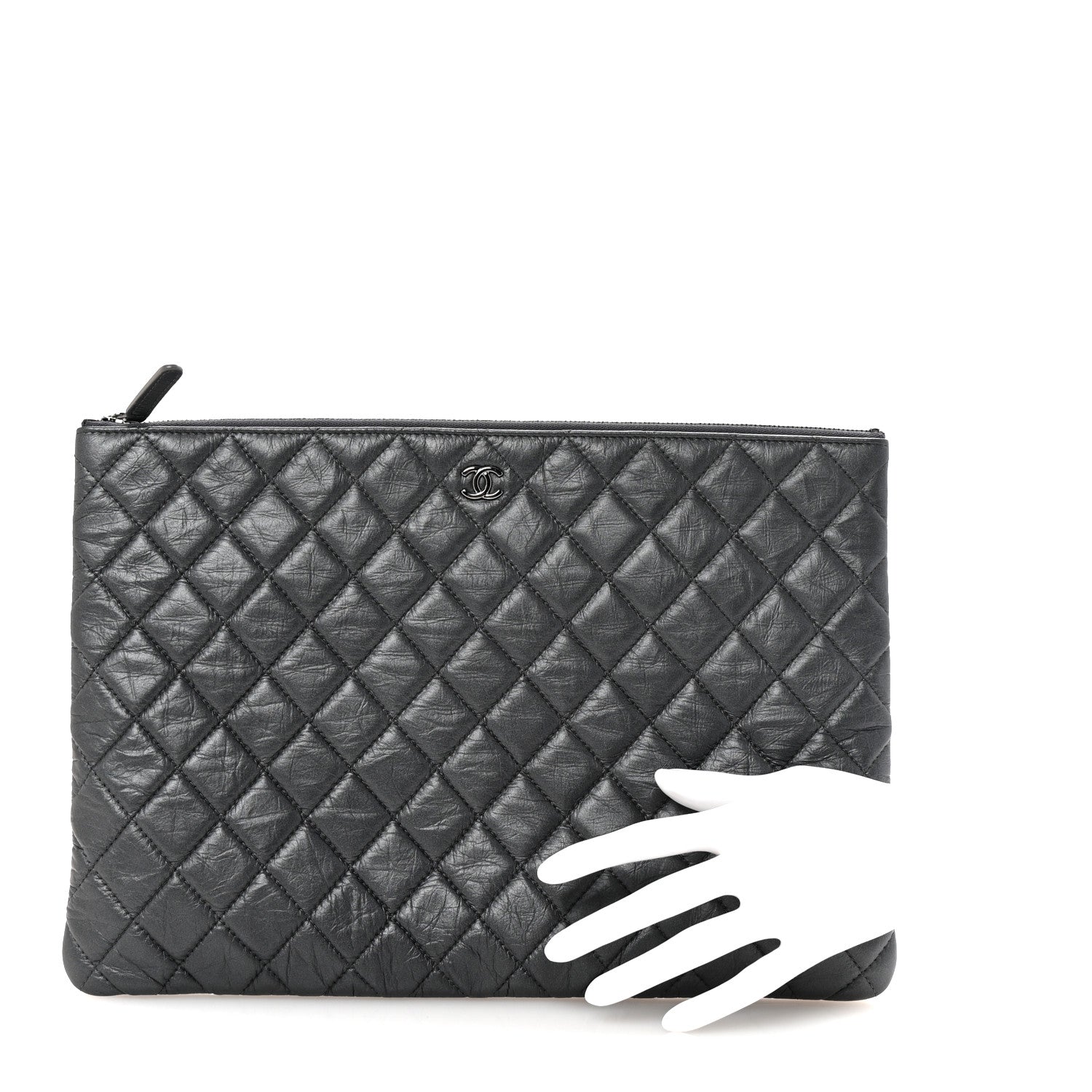 Aged Calfskin Quilted Large Tassel Cosmetic Case Dark Grey