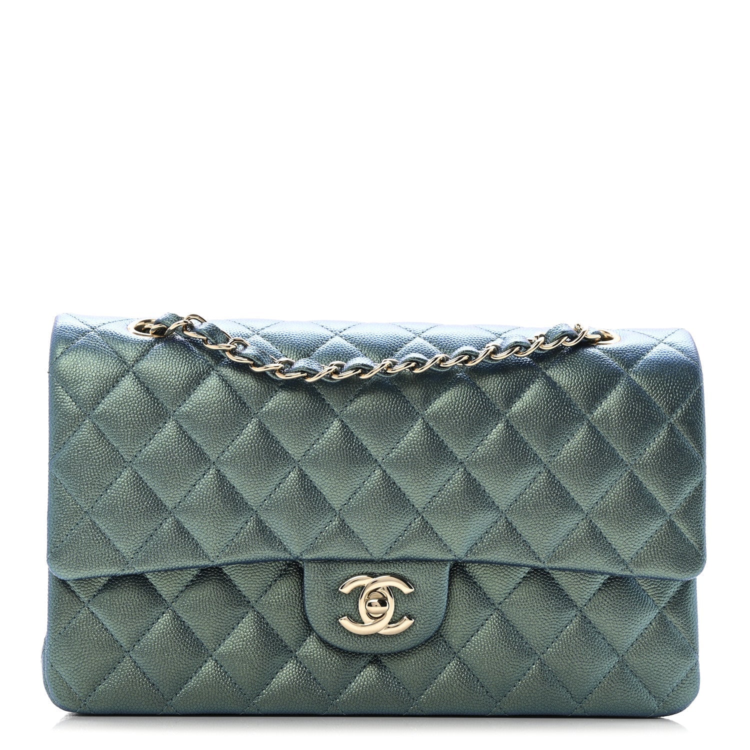 Iridescent Caviar Quilted Medium Double Flap Green