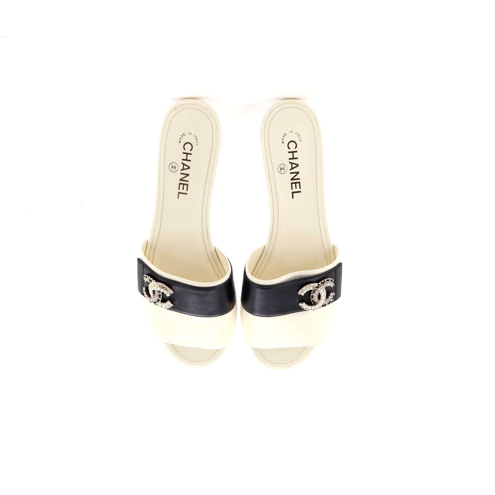 Women's Embellished CC Slide Sandals Leather with Crystals and Faux Pearls