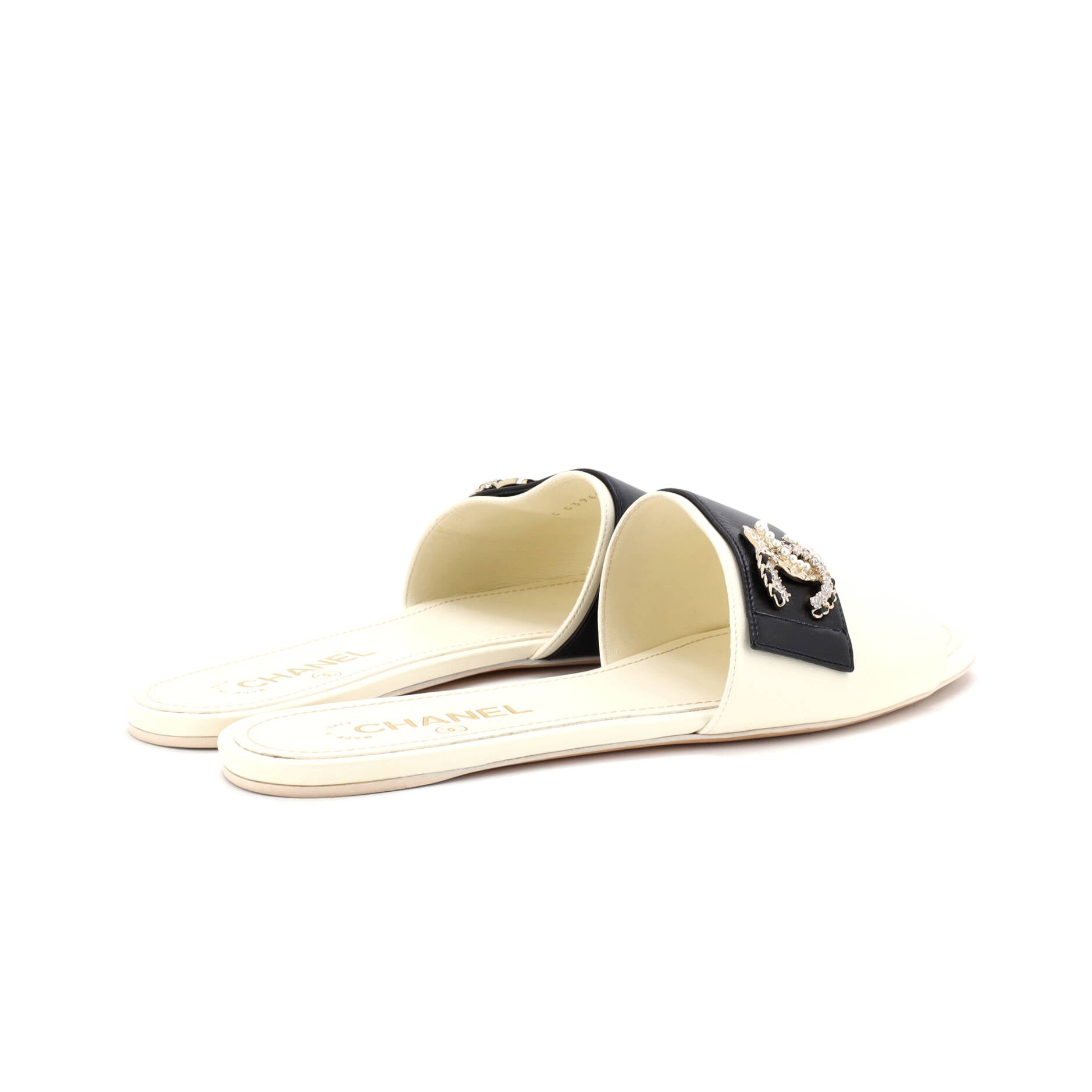 Women's Embellished CC Slide Sandals Leather with Crystals and Faux Pearls