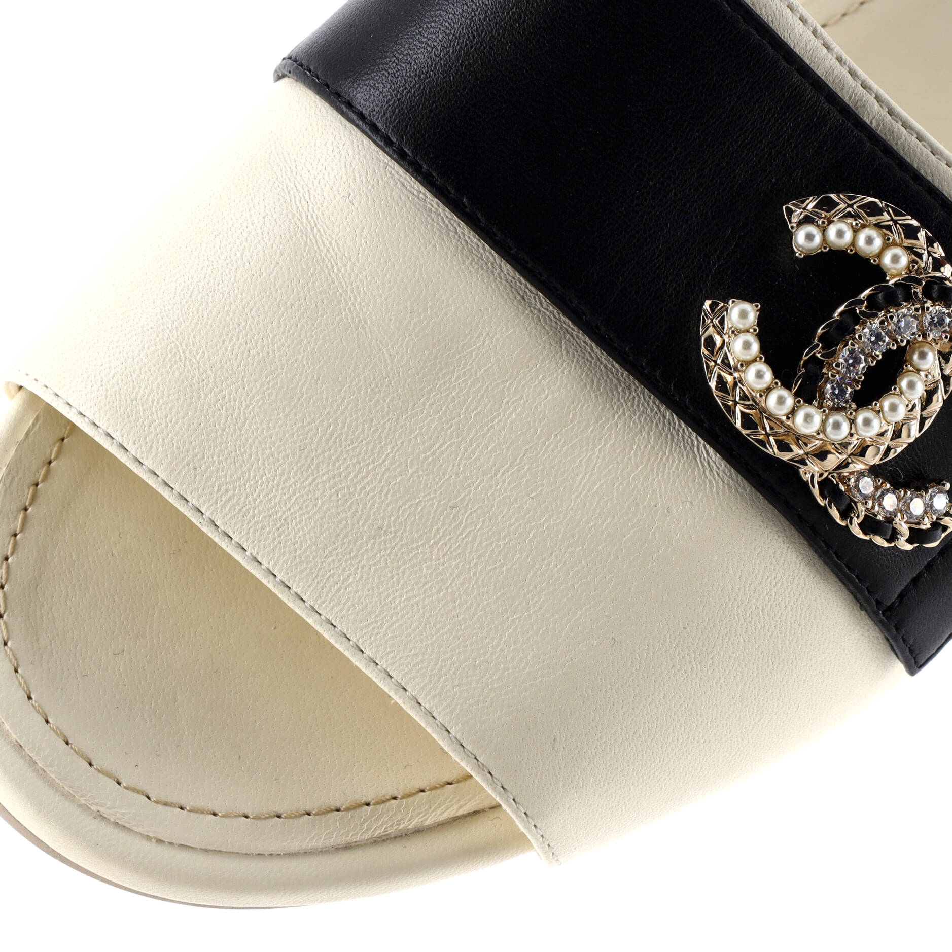 Women's Embellished CC Slide Sandals Leather with Crystals and Faux Pearls