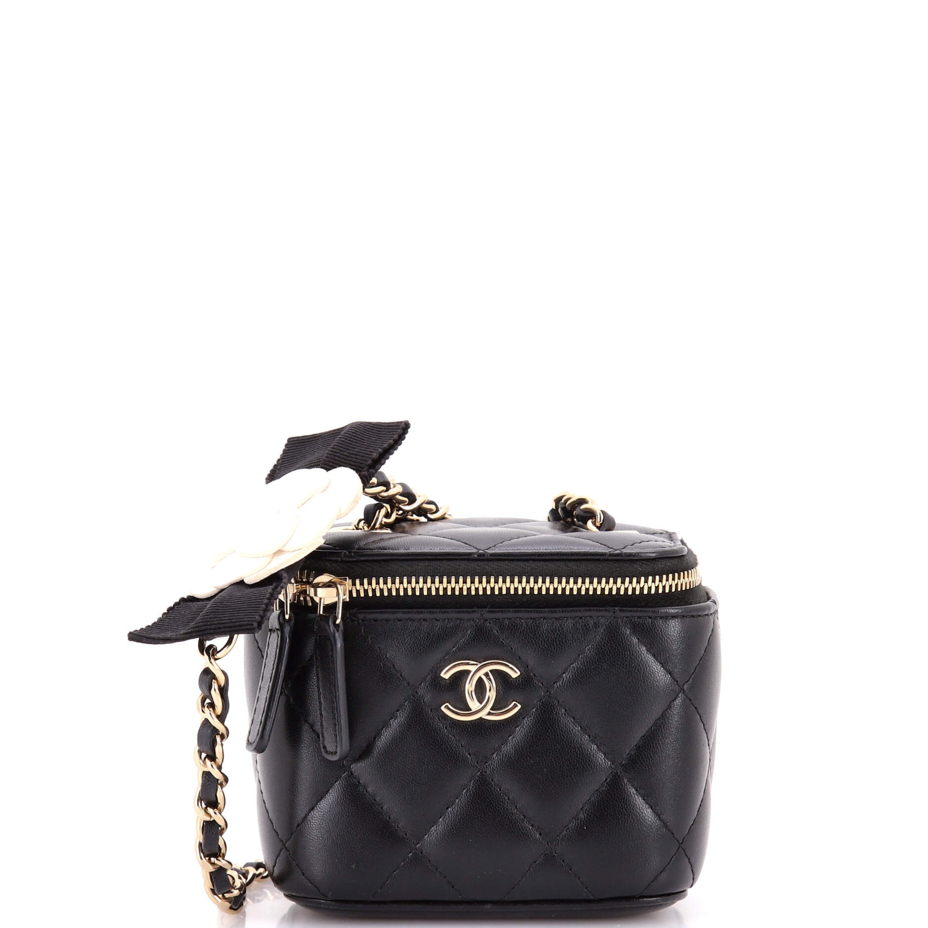 Camellia Bow Vanity Case with Chain Quilted Lambskin Mini