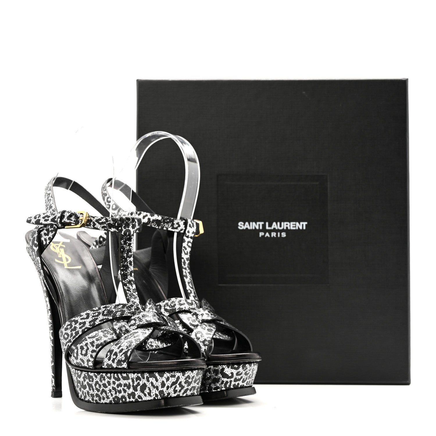 Metallic Calfskin Leopard Print Tribute 105 Platform Sandals 38  Black Silver