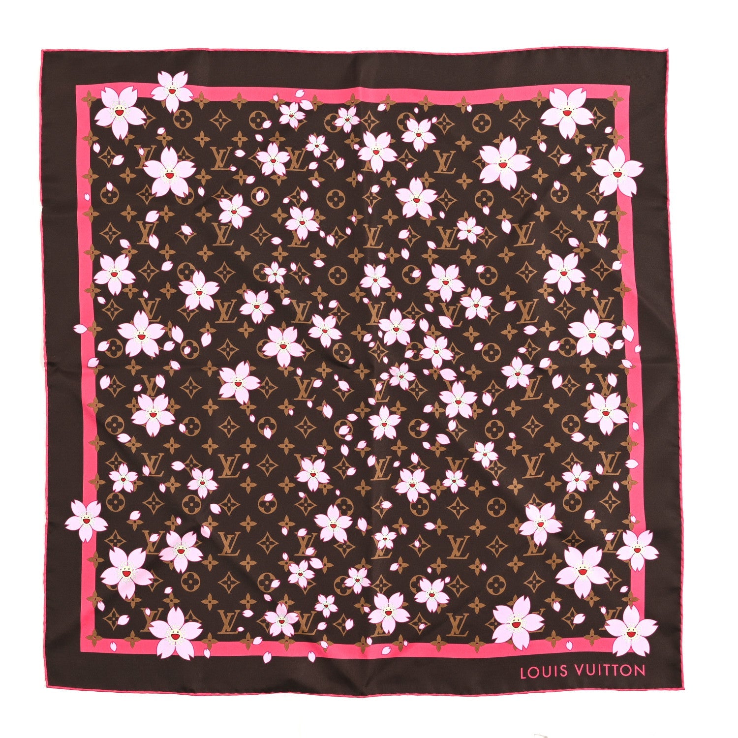 LV X TM Silk Cotton Monogram Cherry Blossom Square Scarf 70 Sakura Brown