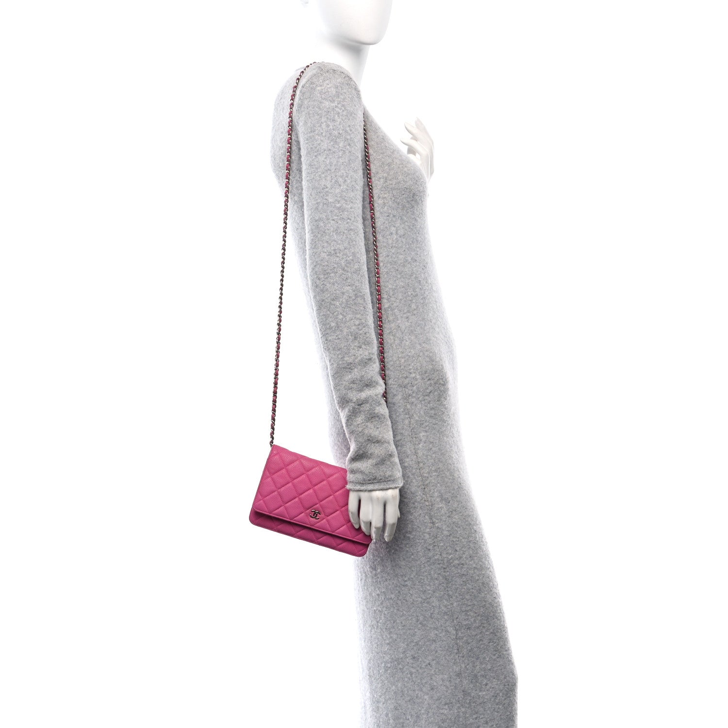 Iridescent Caviar Quilted Wallet on Chain WOC Pink