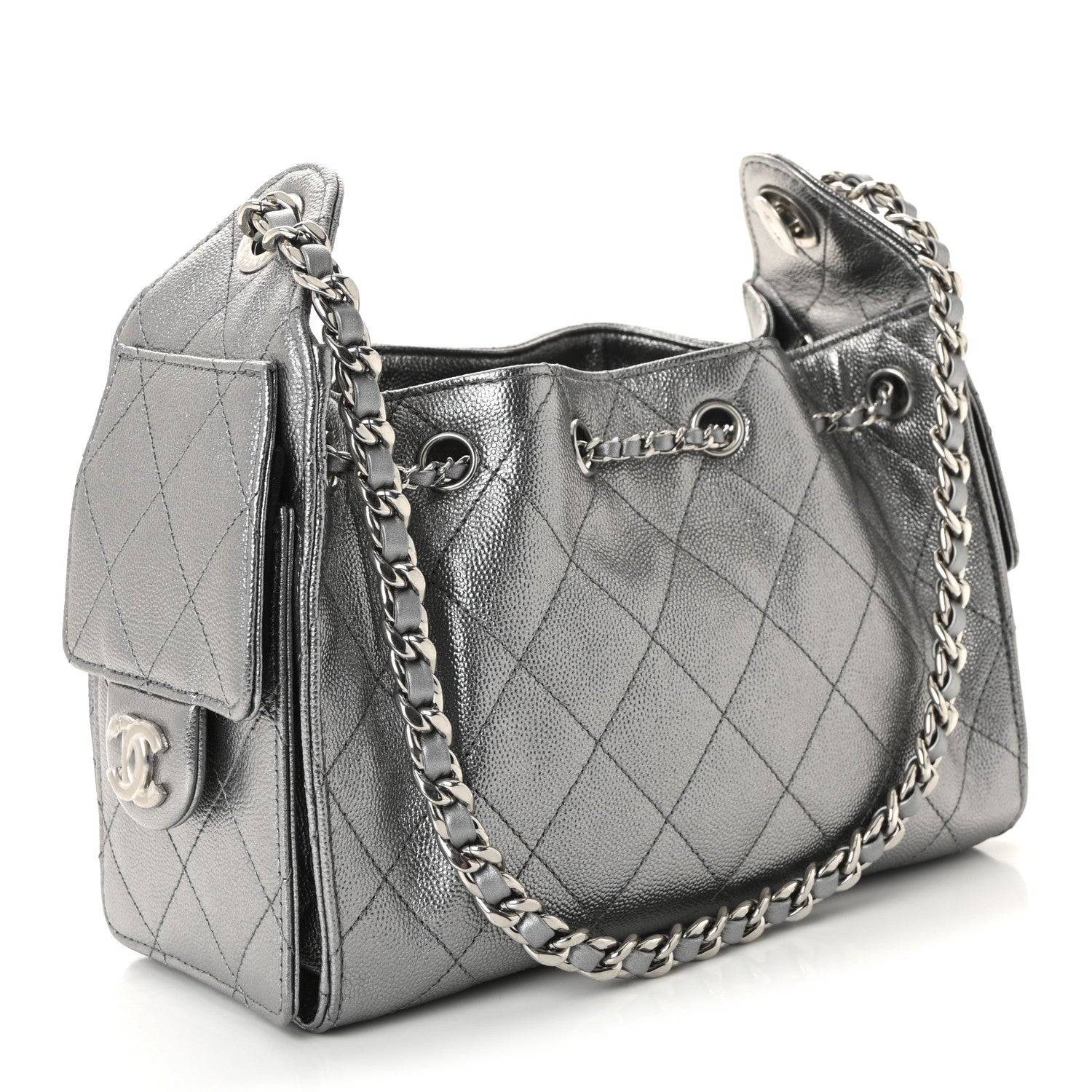 Metallic Caviar Quilted Mini Chanel 25 Handbag Silver