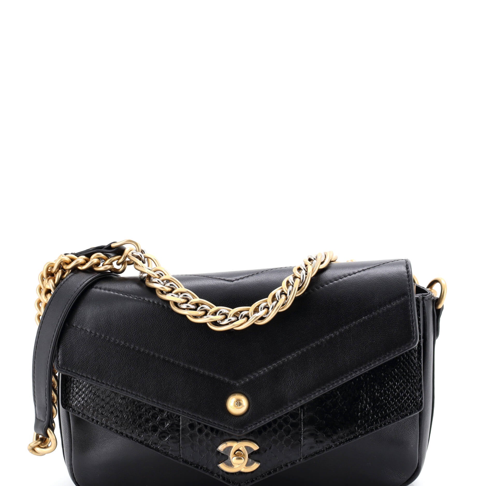 Elaphe Chain Double Flap Bag Chevron Calfskin with Snakeskin Mini