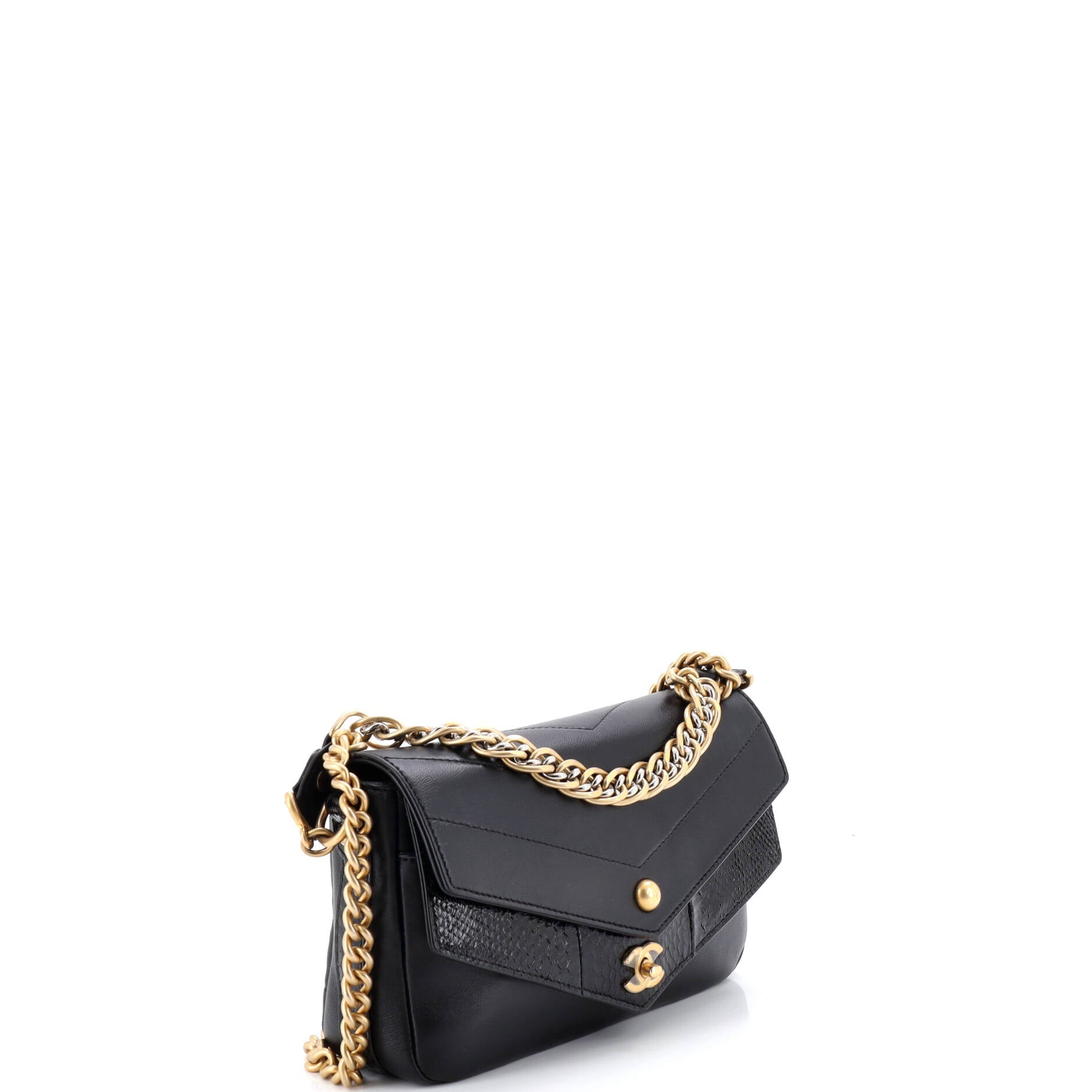 Elaphe Chain Double Flap Bag Chevron Calfskin with Snakeskin Mini