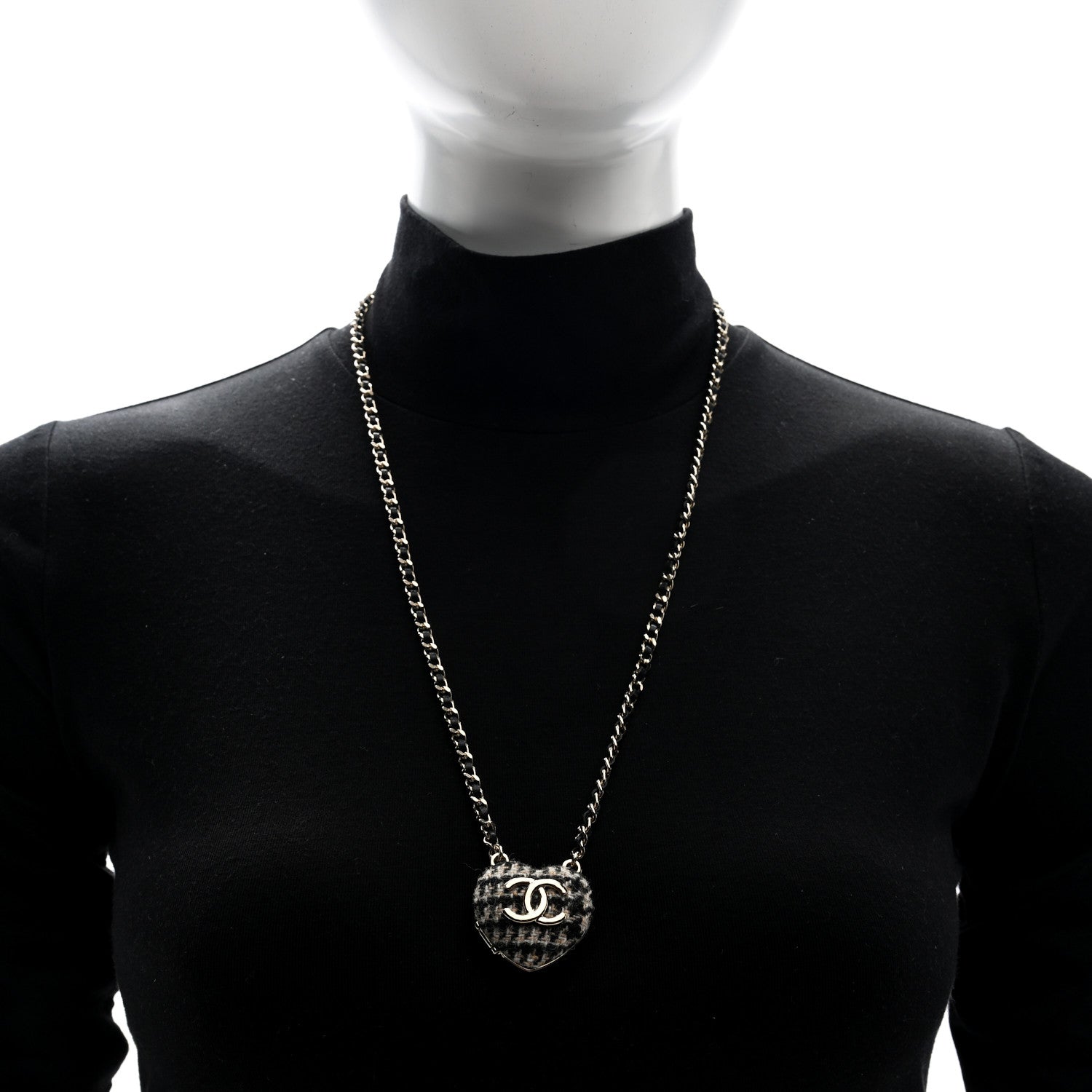 Lambskin Tweed CC Locket Pendant Necklace Beige Black Silver Gold