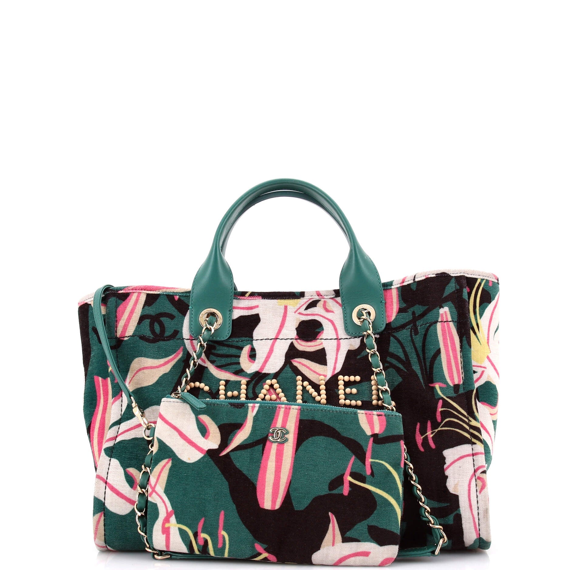 Deauville NM Tote Printed Velvet with Wooden Pearls Small