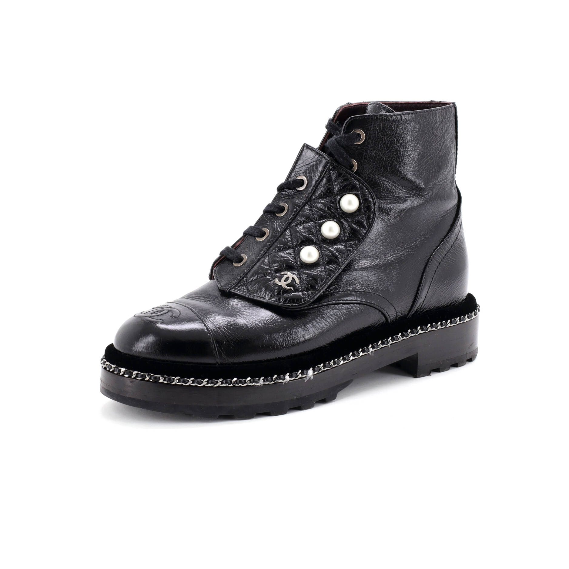 Women's Cap Toe CC Chain Around Pearl Combat Boots Leather