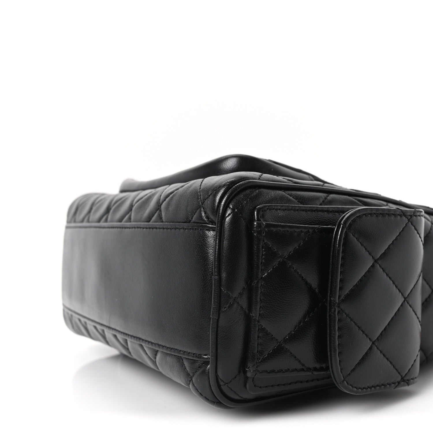 Shiny Crumpled Lambskin Quilted Medium Preppy Pocket Camera Case Black