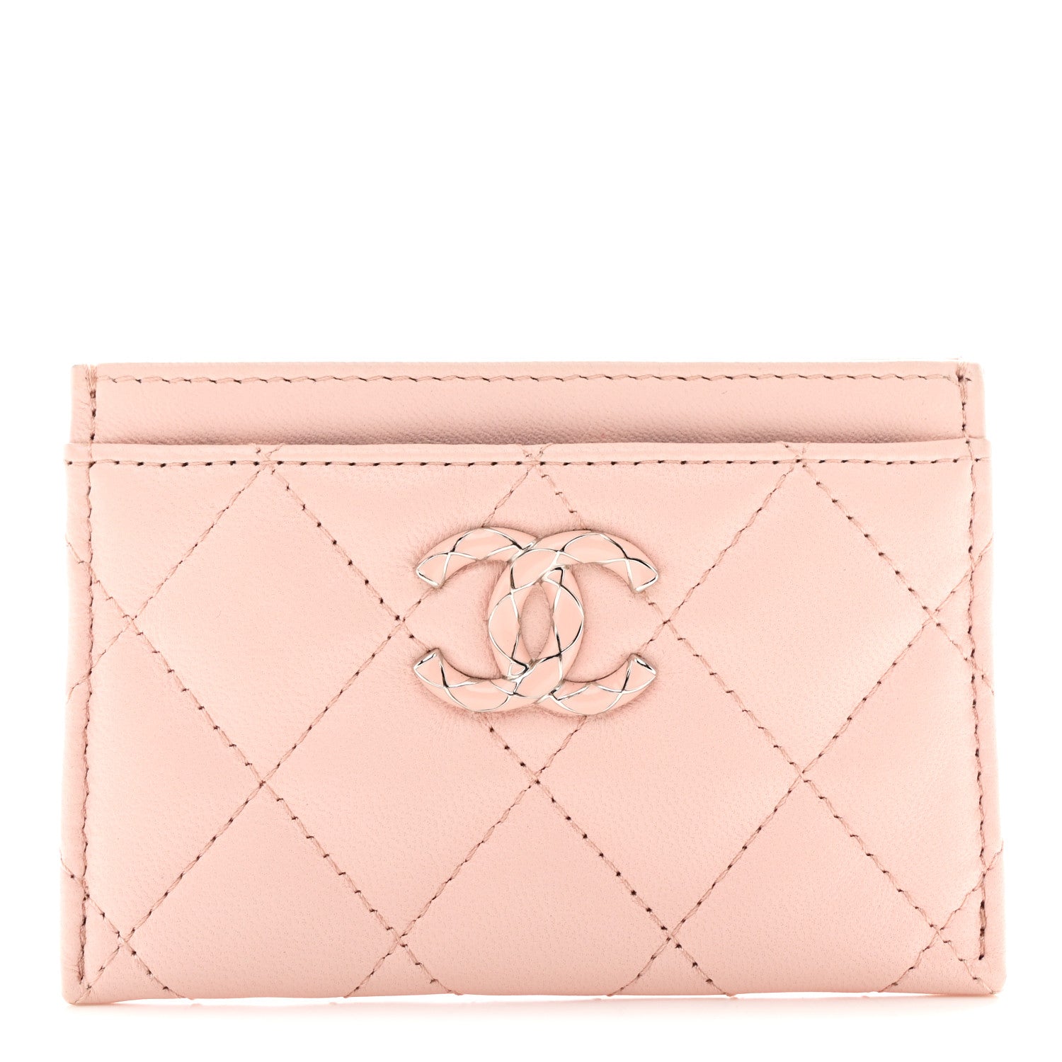 Lambskin Enamel Quilted Card Holder Pink