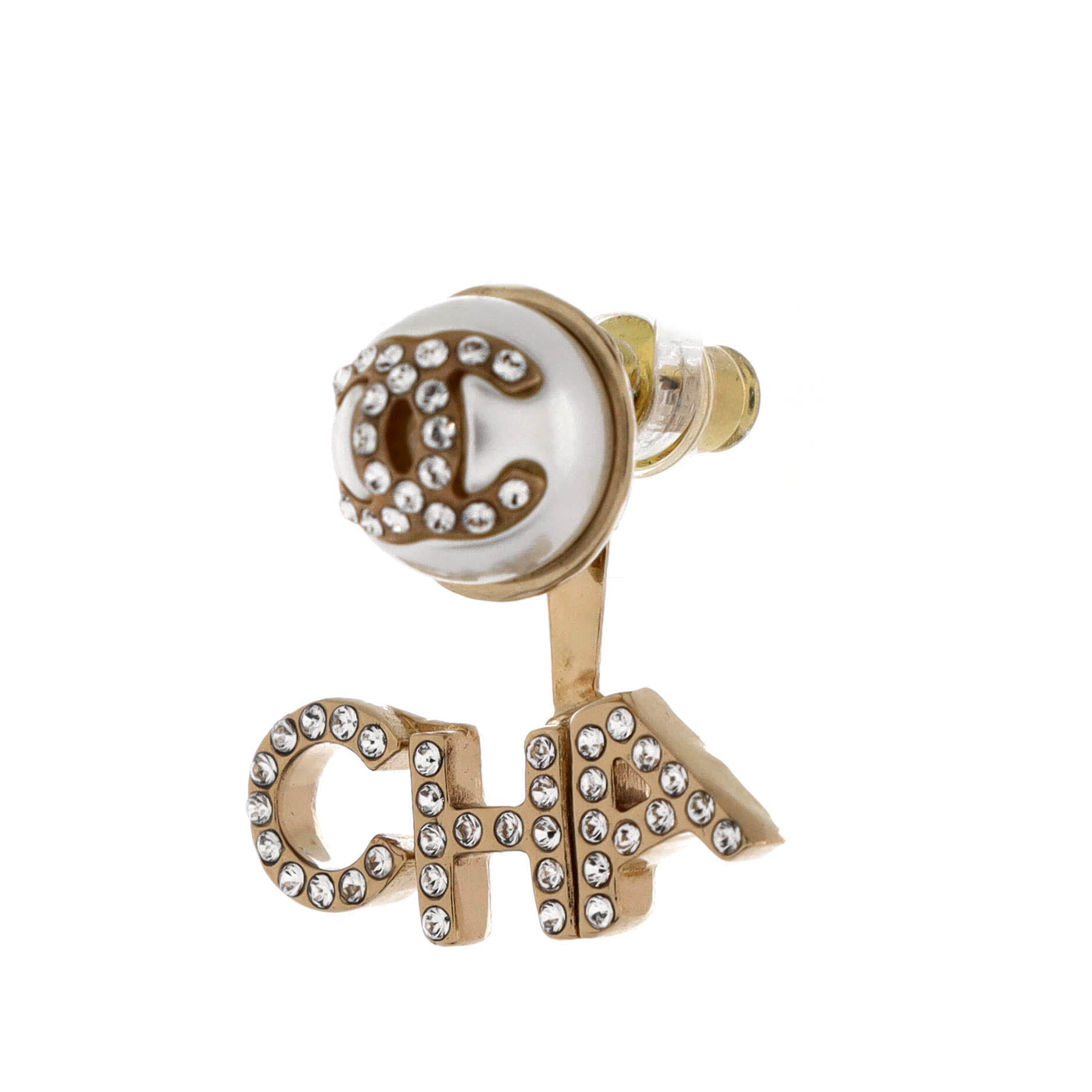 CHA-NEL Drop CC Stud Earrings Metal with Crystals and Faux Pearls