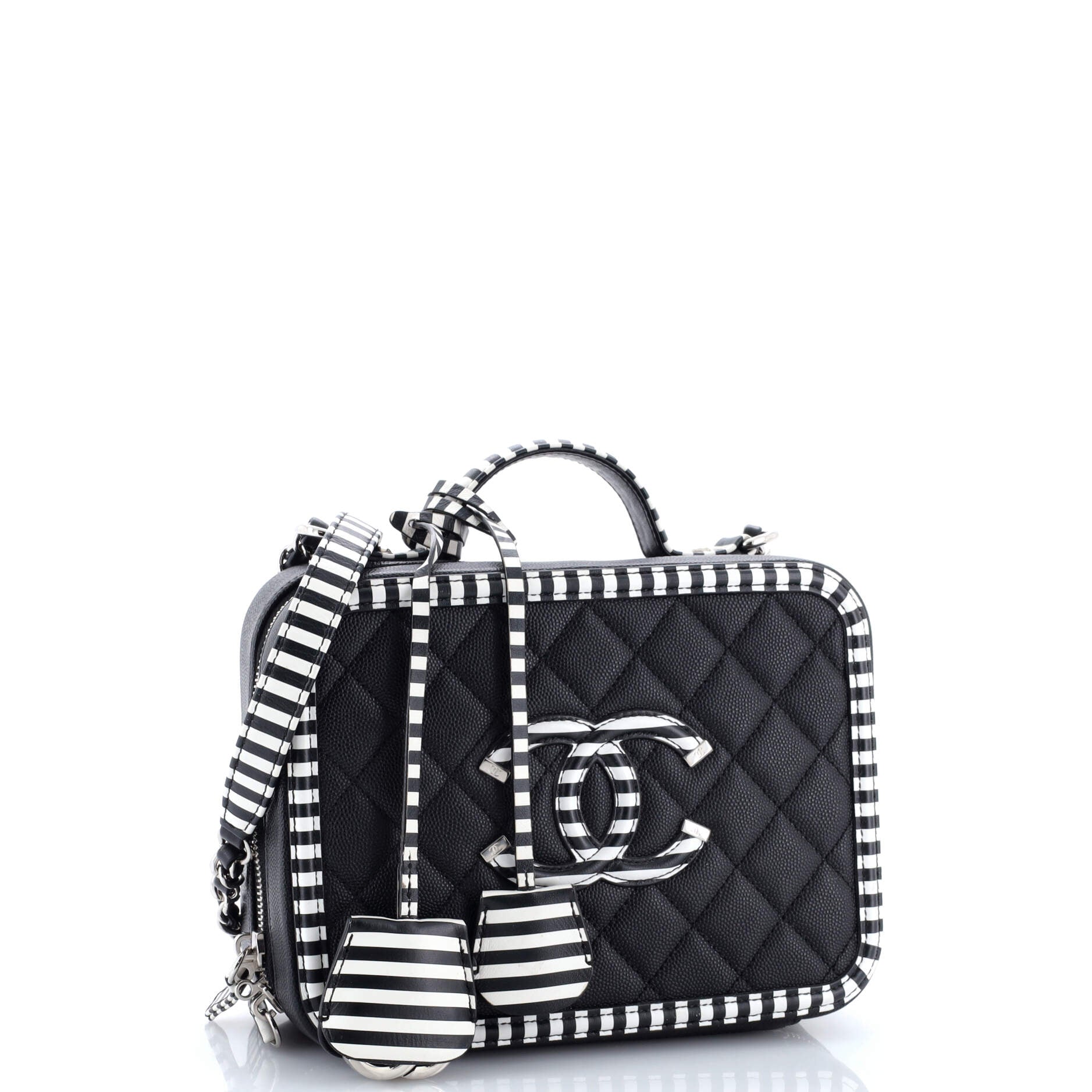 Filigree Vanity Case Quilted Caviar with Striped Leather Large
