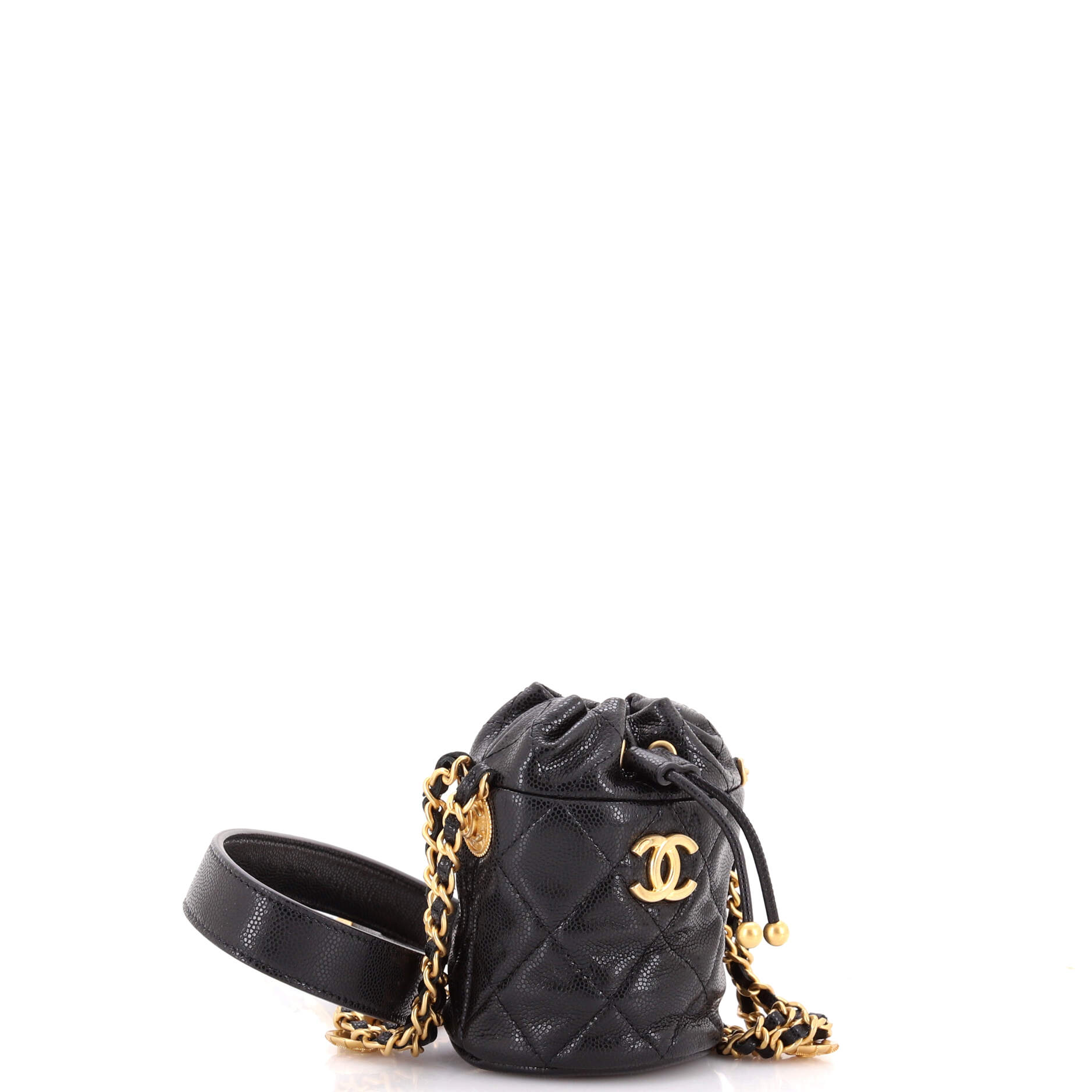 Twist Your Buttons Drawstring Bucket Bag Quilted Caviar Mini