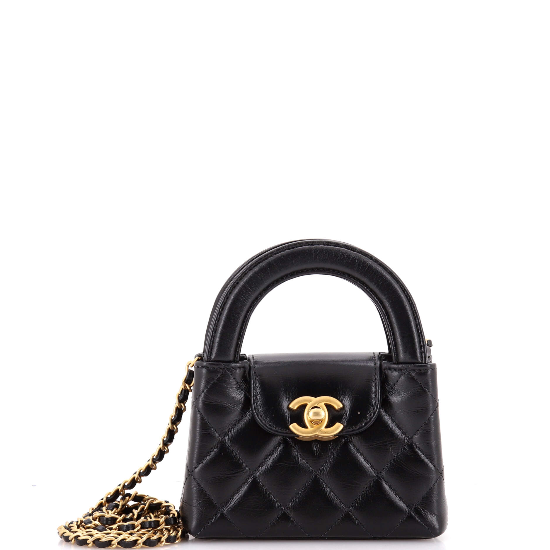 Kelly Top Handle Shopping Bag Quilted Shiny Aged Calfskin Nano