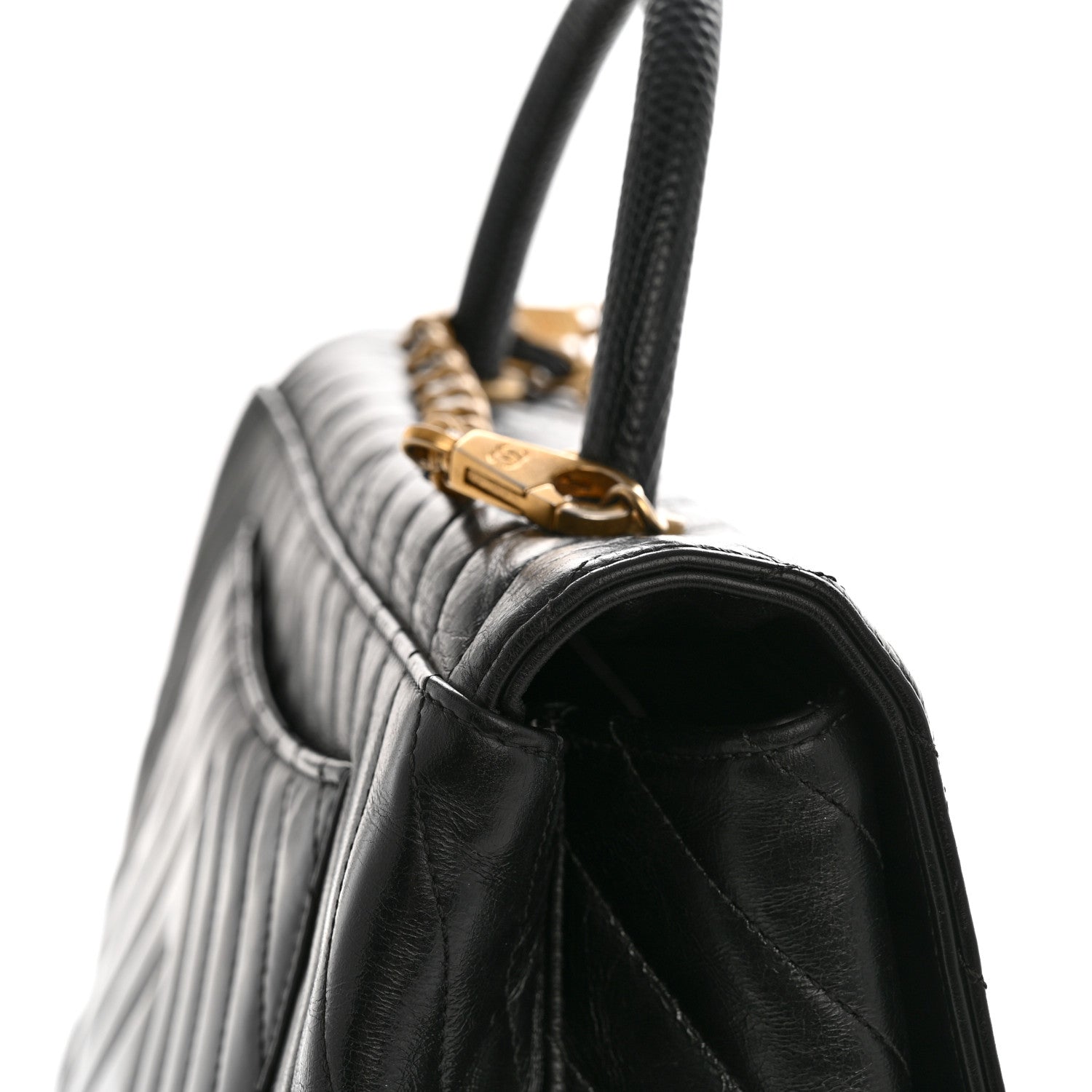 Calfskin Lizard Chevron Quilted Medium Coco Handle Flap Black